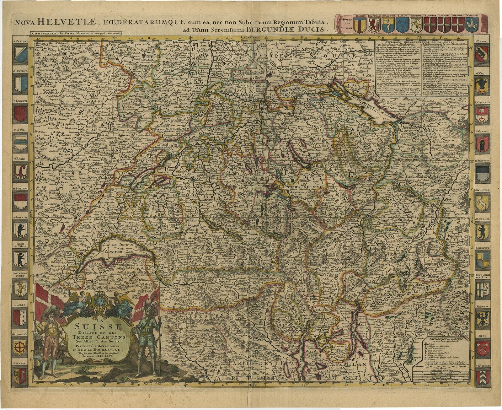 Antique map Switerzland titled 'La Suisse Divisee en ses Treze Cantons, ses Alliez & ses Sujets (..)'. 

Beautiful map of Switzerland with 33 coats of arms. The map is dedicated to the Duke of Burgundy and is further adorned with a title cartouche