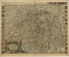 Schöne antike handkolorierte Karte der Schweiz mit 33 Wappen, ca.1705