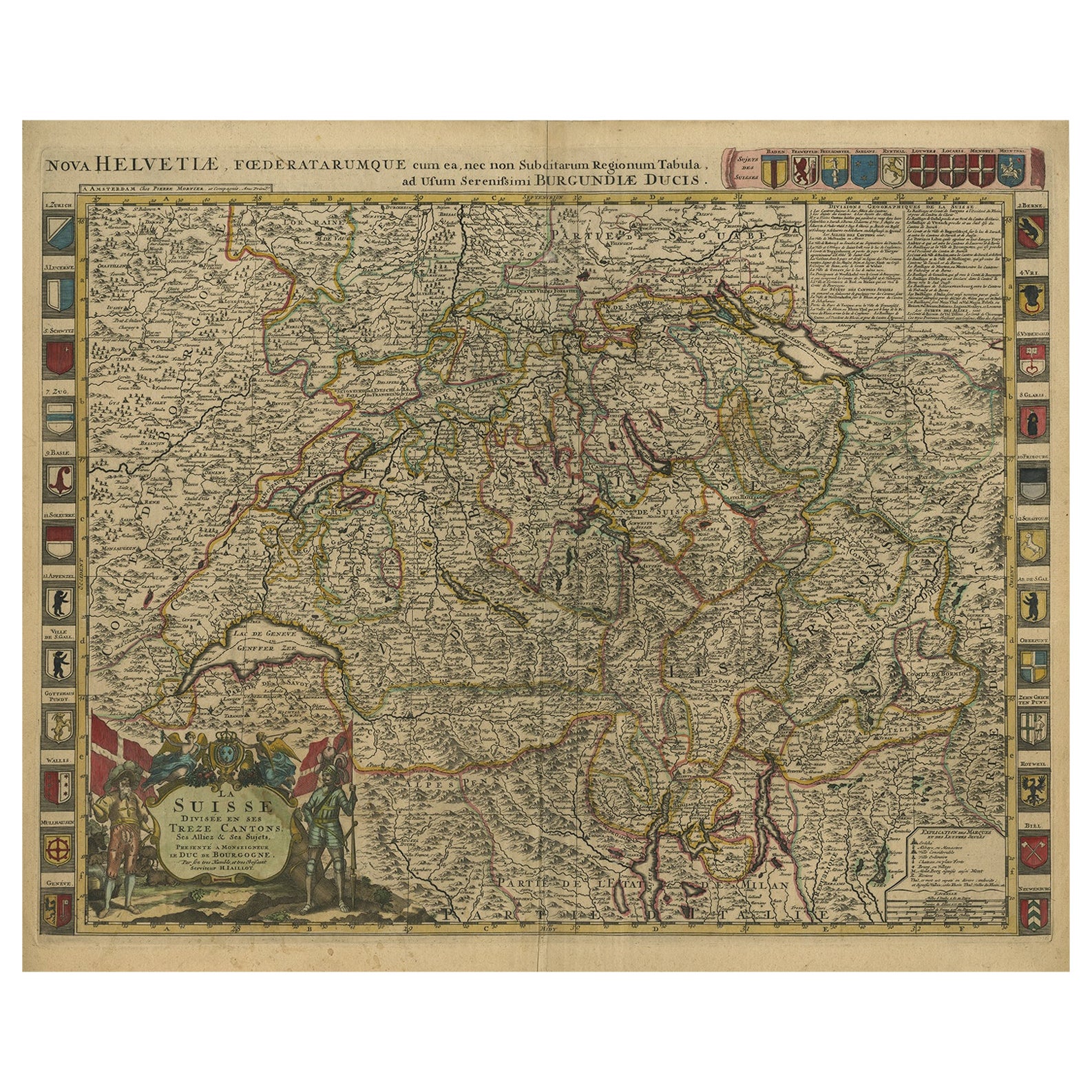 Bellissima mappa antica della Svizzera colorata a mano con 33 stemmi, 1705 ca.