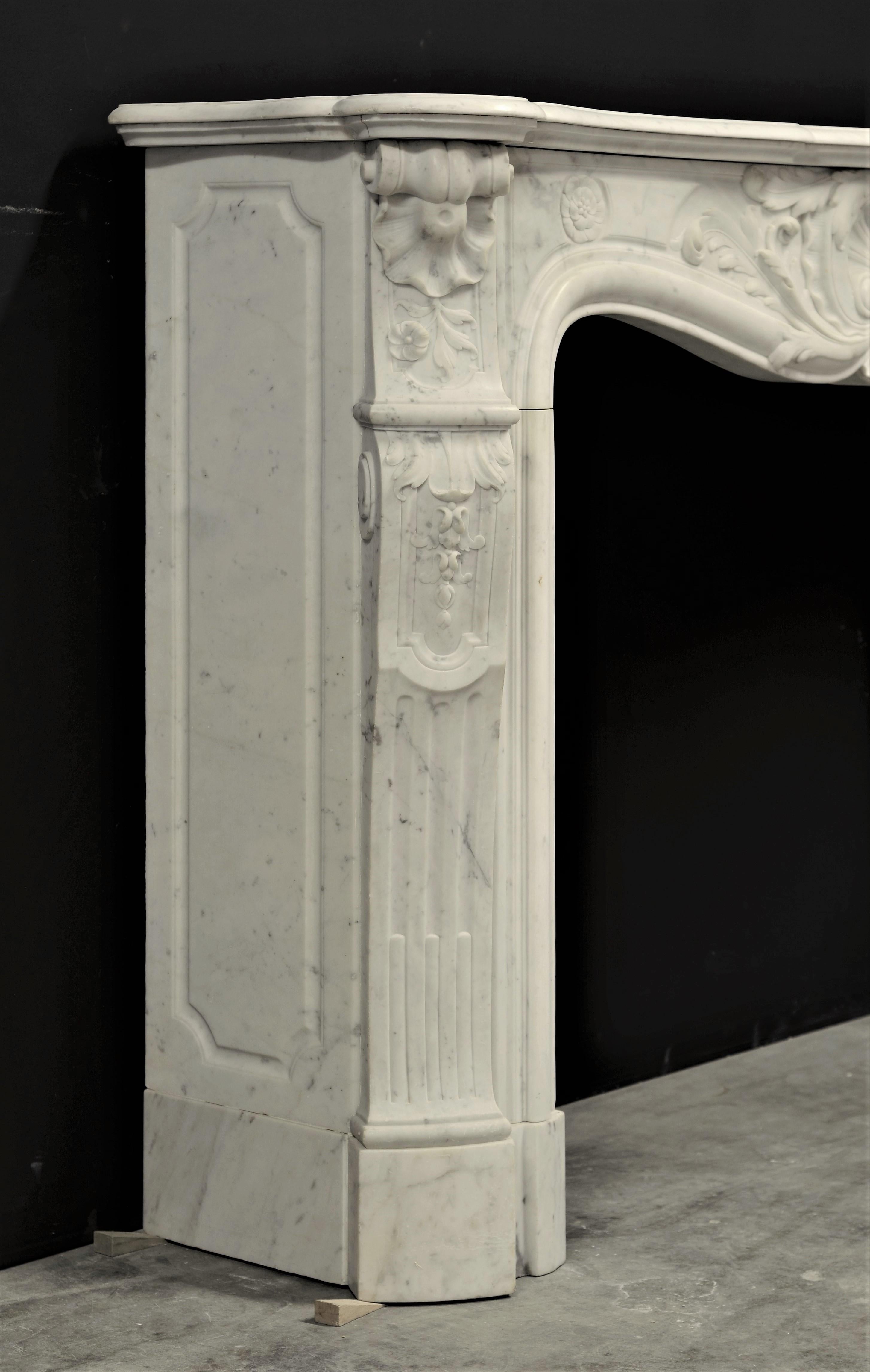 19th Century Beautiful Antique Louis XV Fireplace Mantel in Carrara White Marble