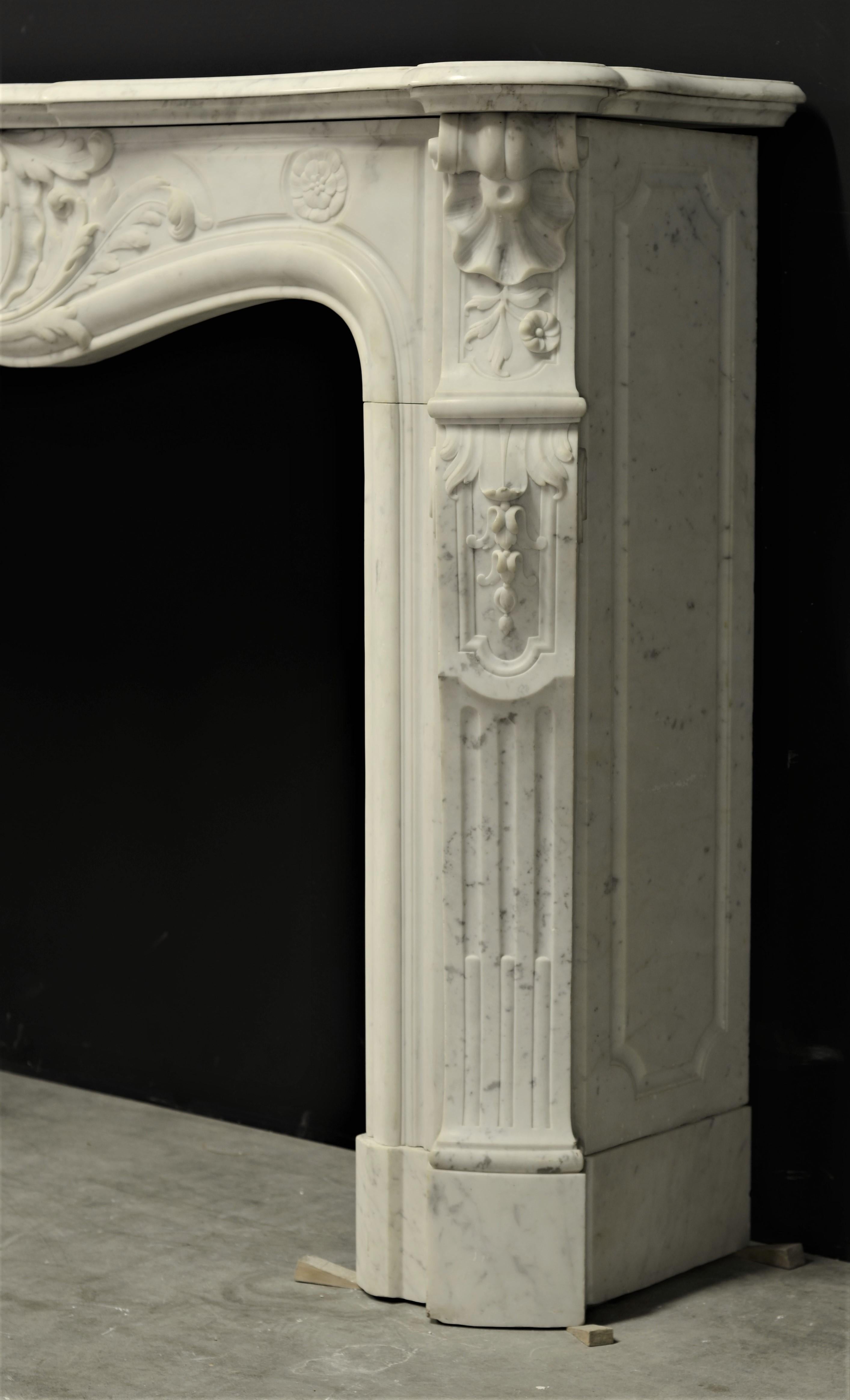 Beautiful Antique Louis XV Fireplace Mantel in Carrara White Marble 1