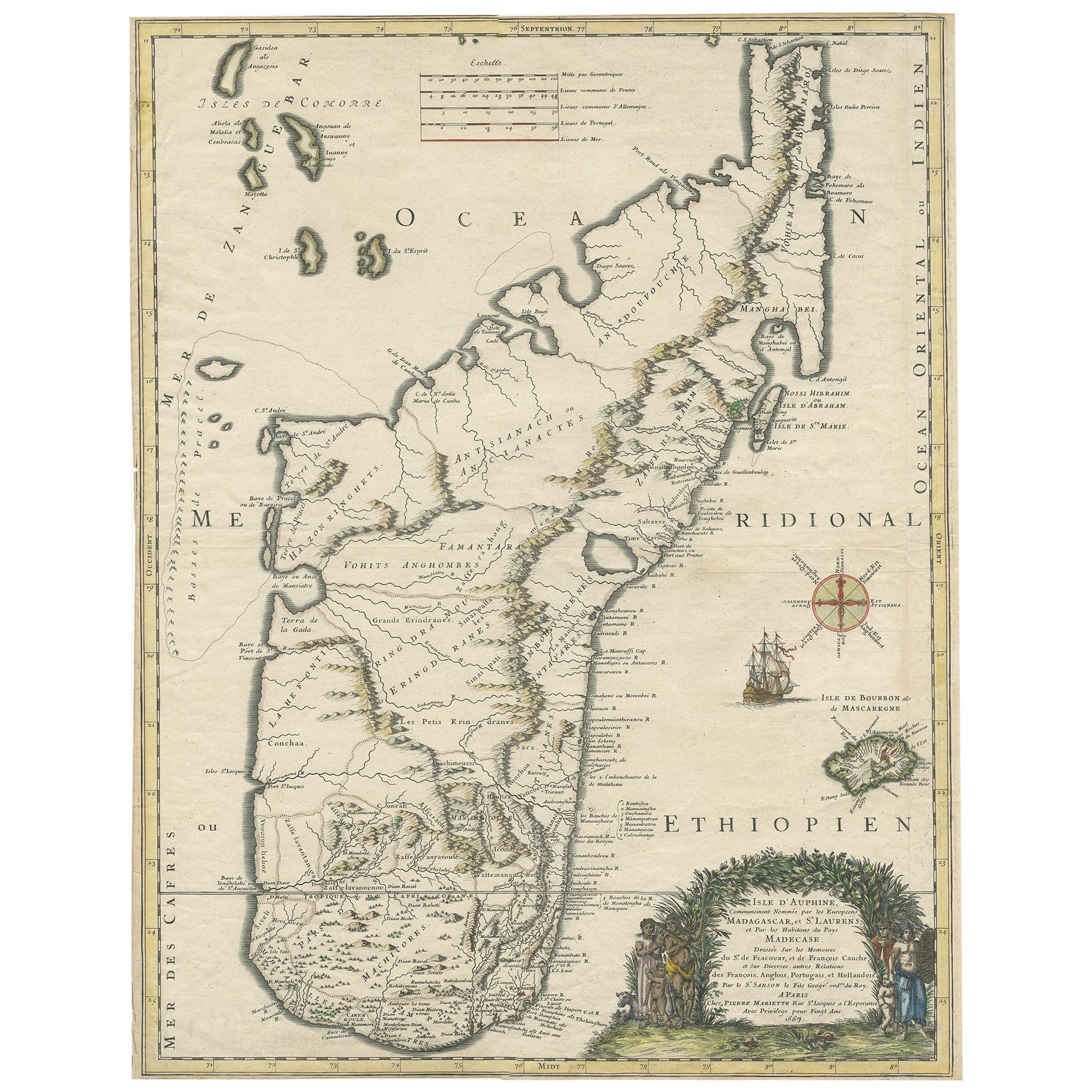 Magnifique carte ancienne de Madagascar, les îles de Cômeros et l'île de Régence, 1667
