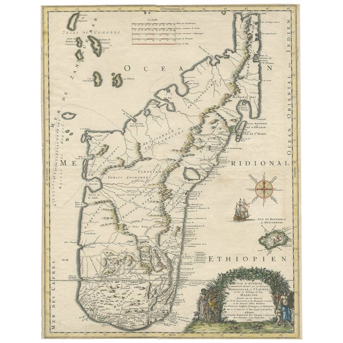 Beautiful Antique Map of Madagascar, The Comoros Islands & Reunion Island, 1667