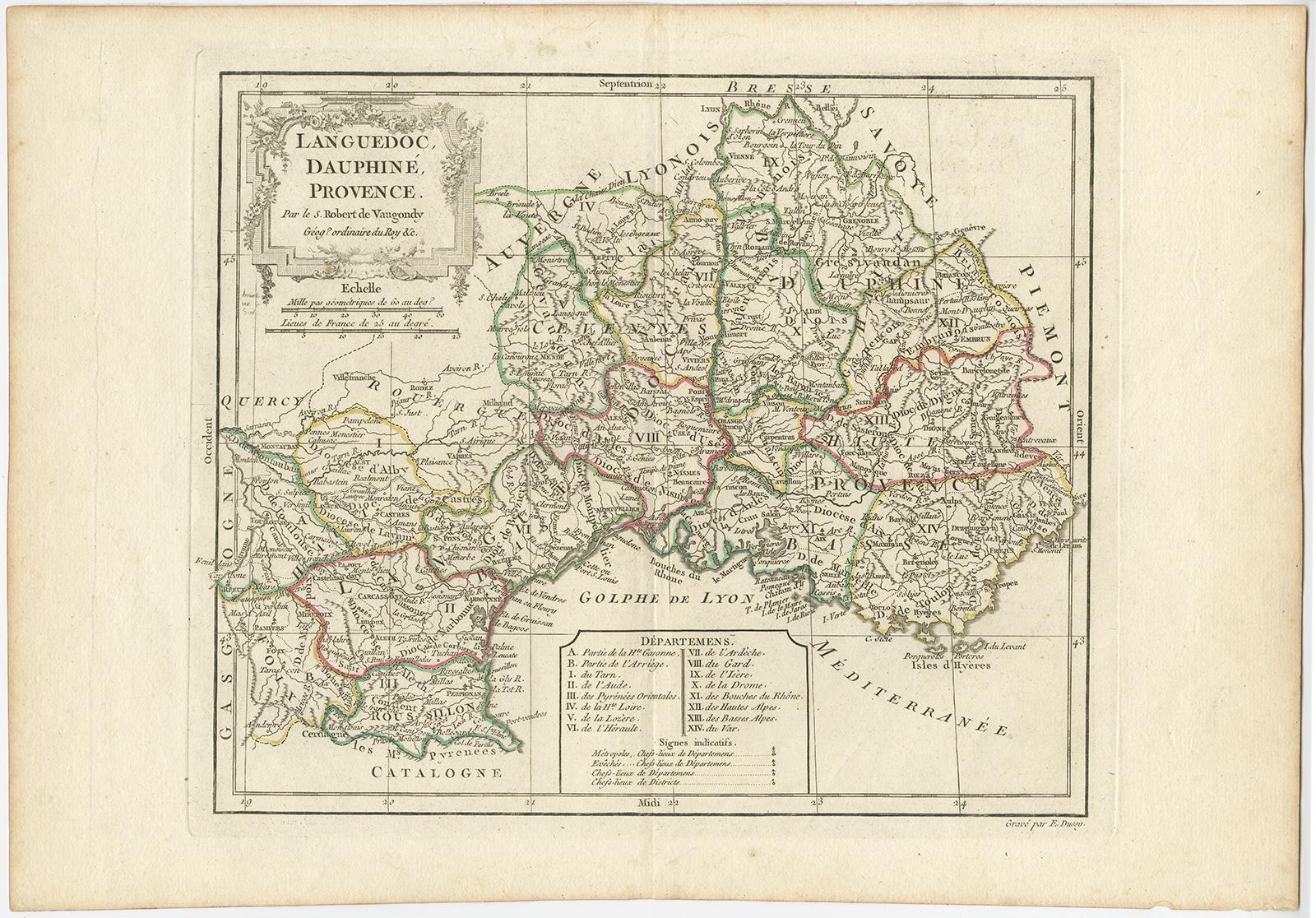 Antique map titled 'Languedoc, Dauphiné, Province'. 

Beautiful antique map of Southeastern France with decorative cartouche. Map includes topographical detail as well as a reference to the departments at the time of publication.

Artists and
