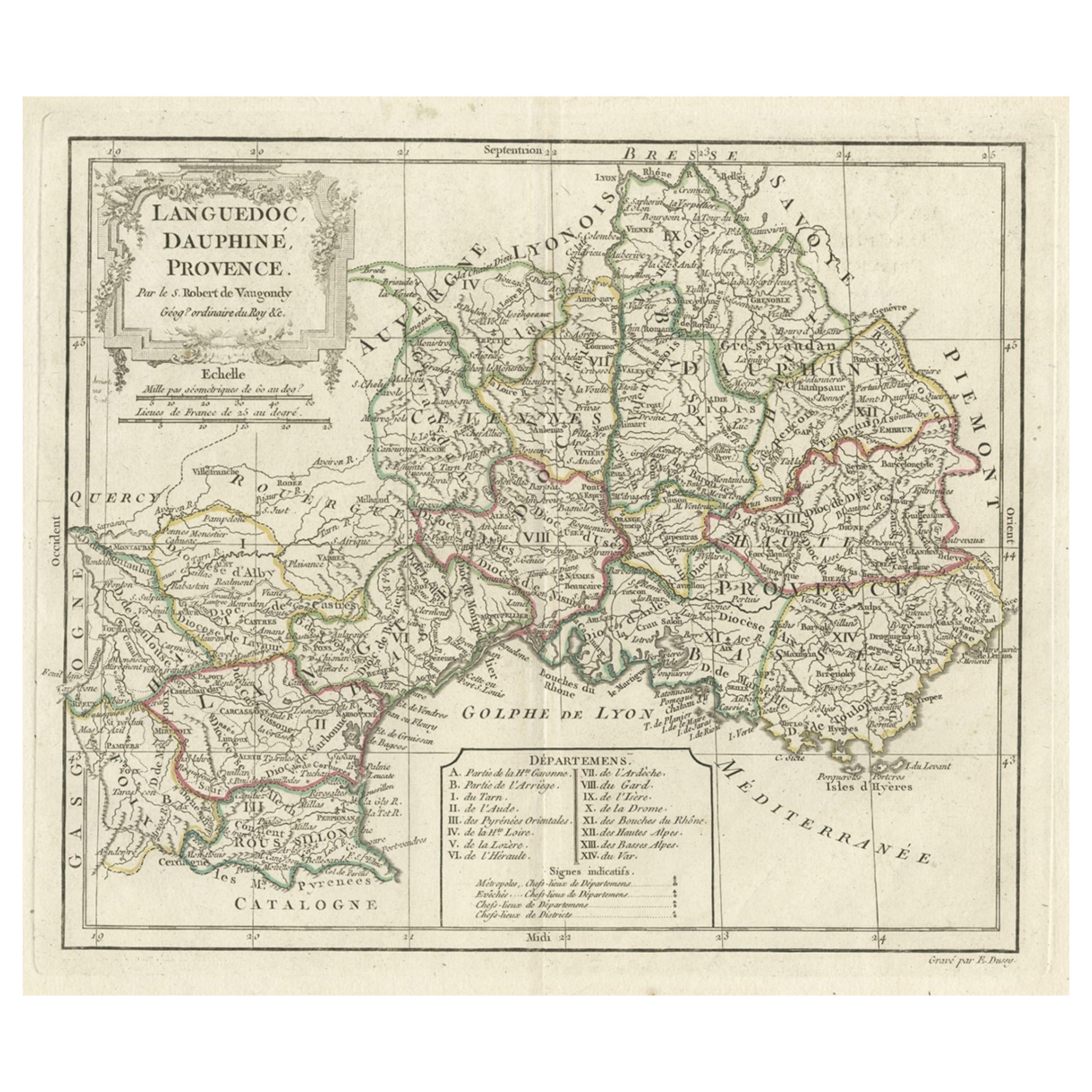 Precioso Mapa Antiguo del Sureste de Francia con Cartela Decorativa, ca.1790