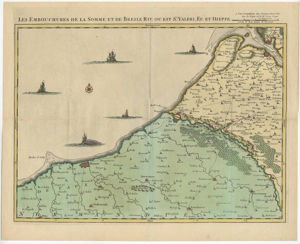 Beautiful Antique Map of the French Coast, from St. Valeri to Dieppe, 1720