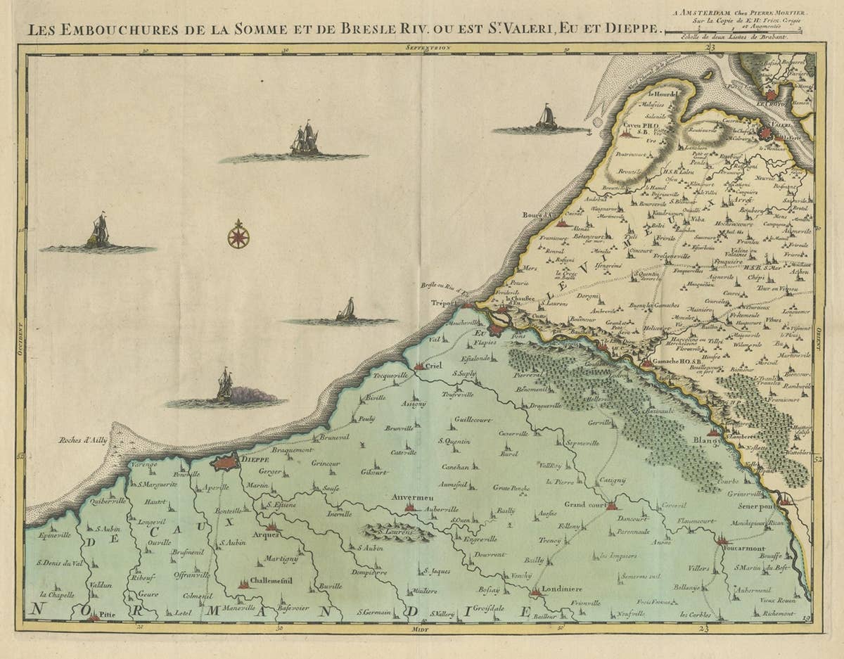 Beautiful Antique Map of the French Coast, from St. Valeri to Dieppe, 1720