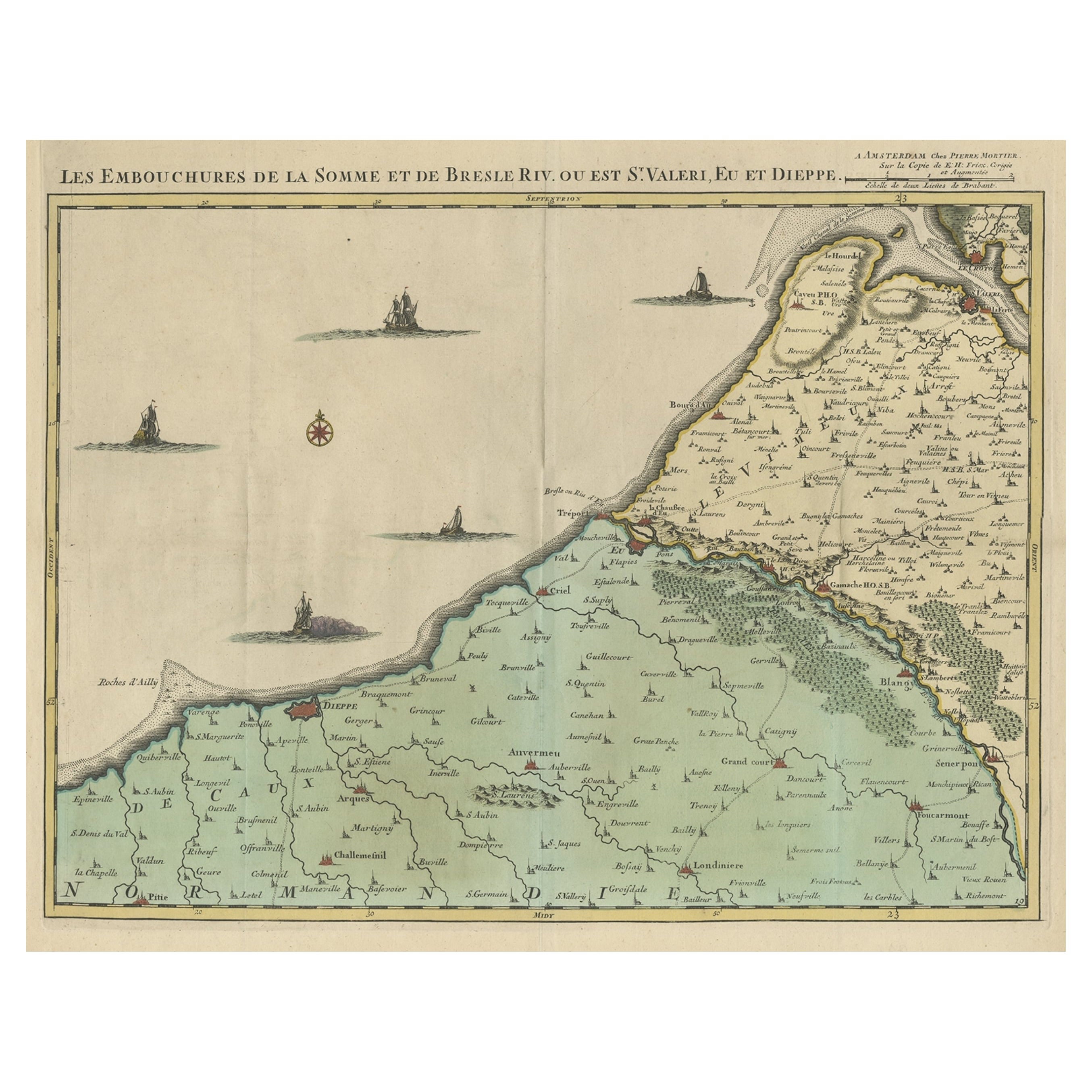 Bellissima mappa antica della costa francese, da St. Valeri a Dieppe, 1720