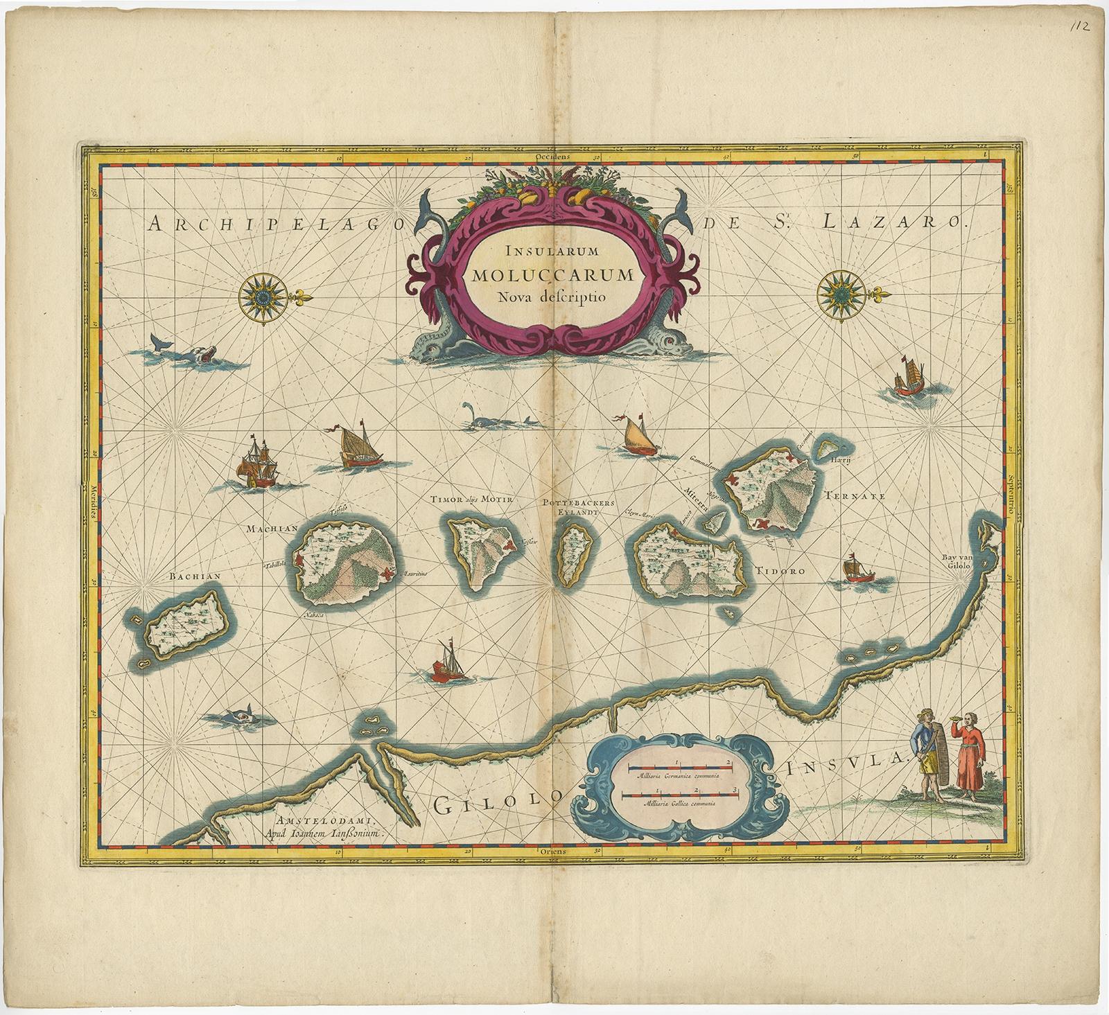 Antique map titled 'Insularum Moluccarum Nova Descriptio.' 

Beautiful map of the Moluccas. The famous Spice Islands, the cornerstone of the Dutch trading empire in the East Indies throughout the 17th Century, is the focus of this exquisite map.