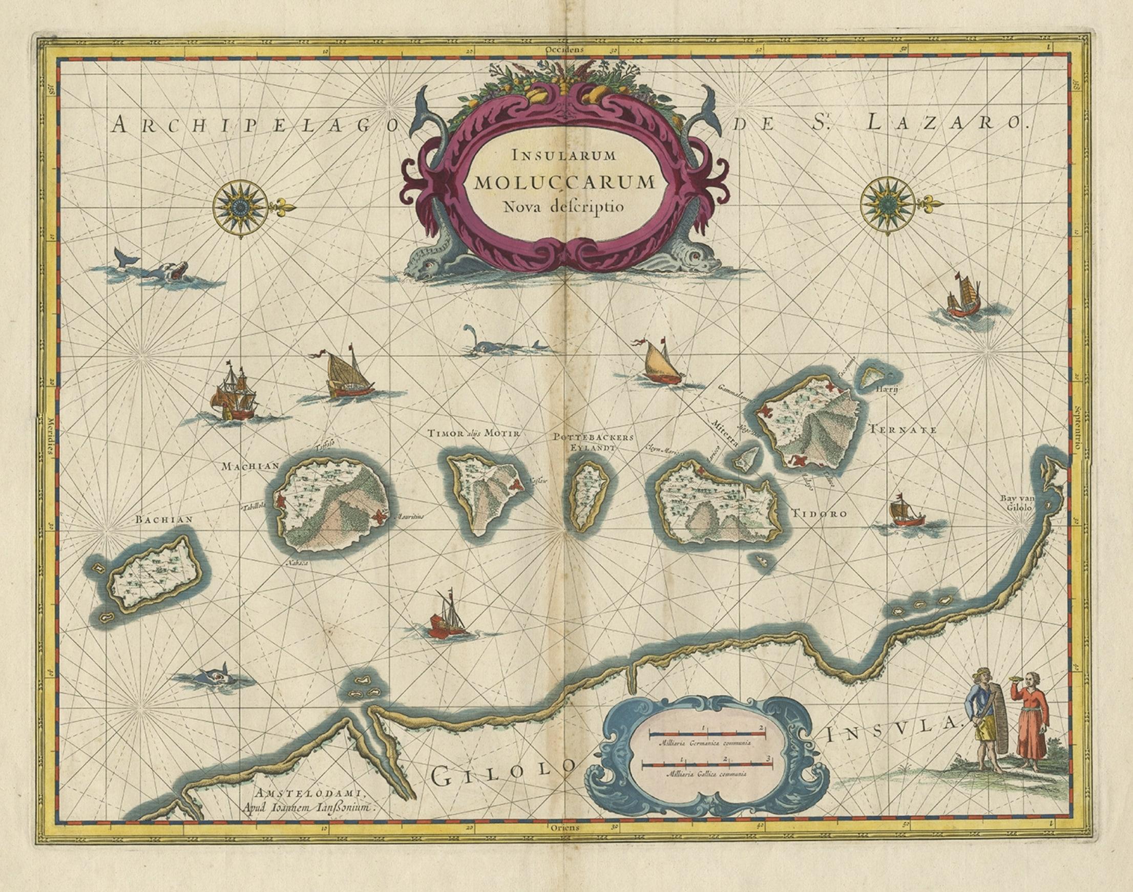 Magnifique carte ancienne des îles Moluccas ou des îles à pointes, Indonésie, vers 1650 Bon état - En vente à Langweer, NL