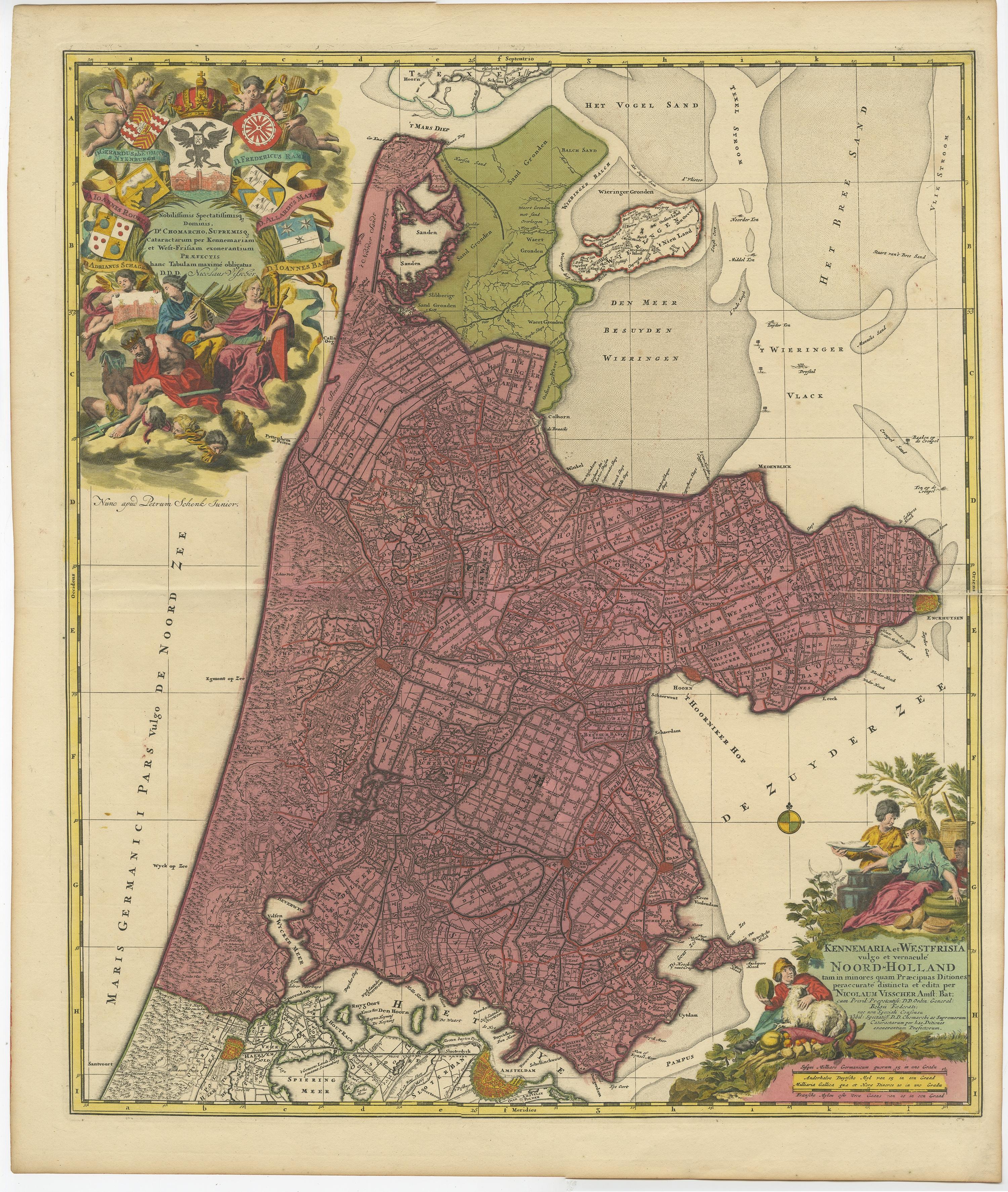 Antique map titled 'Kennemaria et Westfrisia vulgo et vernaculé Noord-Holland'. 

Beautiful original antique map of the province of Noord-Holland, the Netherlands. Two large elaborate cartouches, one with coats of arms. Shows the cities of