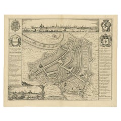 Beautiful Antique Map with Views of Dendermonde, Belgium, 1735
