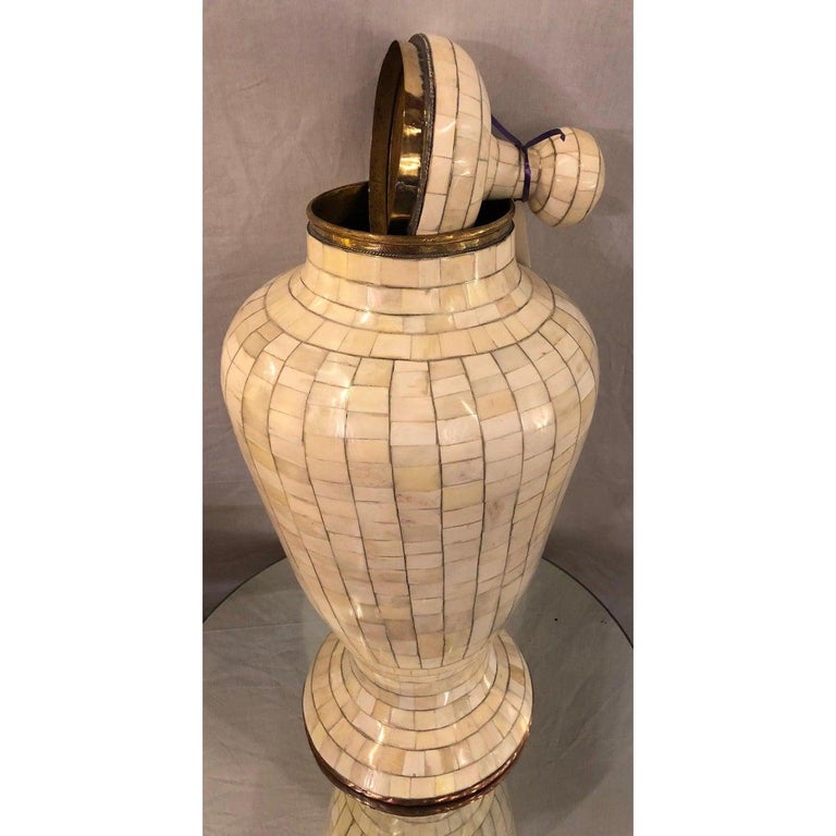 Mid-Century Off-White Mosaic Natural Bone with Brass Inlay Urn or Vase For  Sale at 1stDibs | bone inlay vase, bone urn, mid century urn