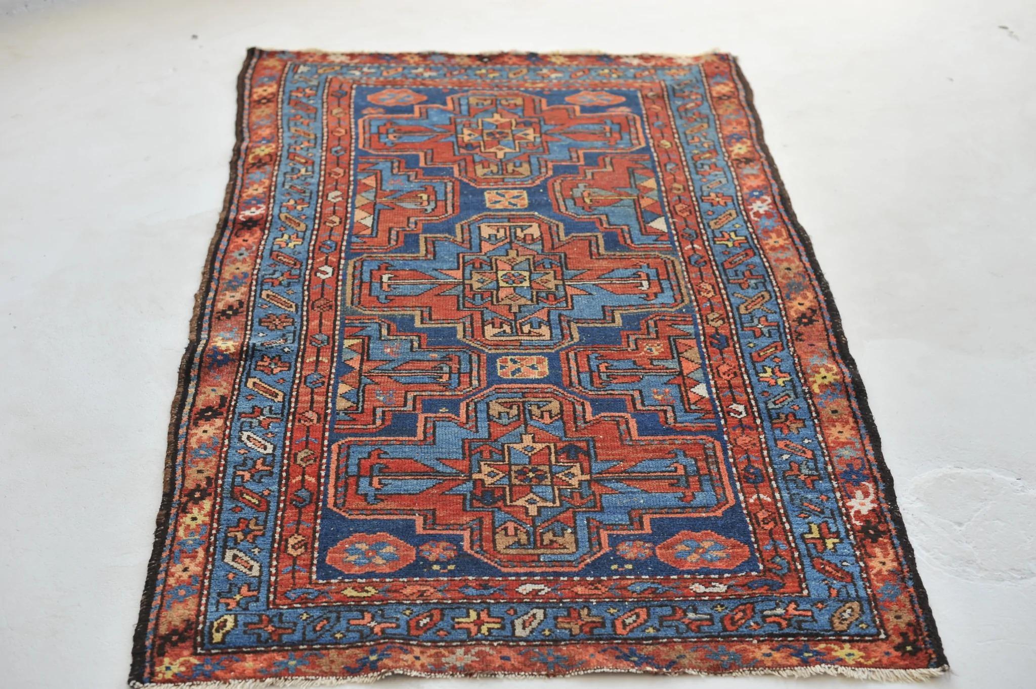 Beautiful Antique Navy and Rust Elephant Track Inspired

Size: 3.5 x 5.7
Age: Antique C. 1930's
Pile: Low

This rug is one-of-a-kind, only one in the world, no others are available.

Because of the nature and age of these older/antique handmade
