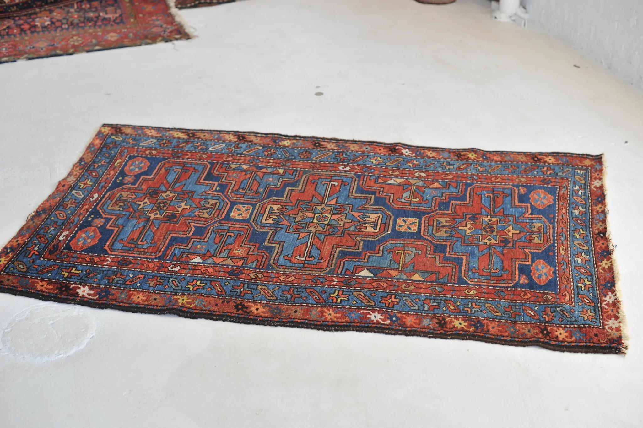 Beautiful Antique Navy and Rust Elephant Track Inspired Rug, c.1930's 3