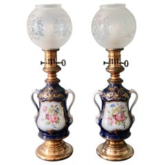 Beautiful Antique Old Paris Porcelain Table Lamps Oil Lamps Franc 1880s