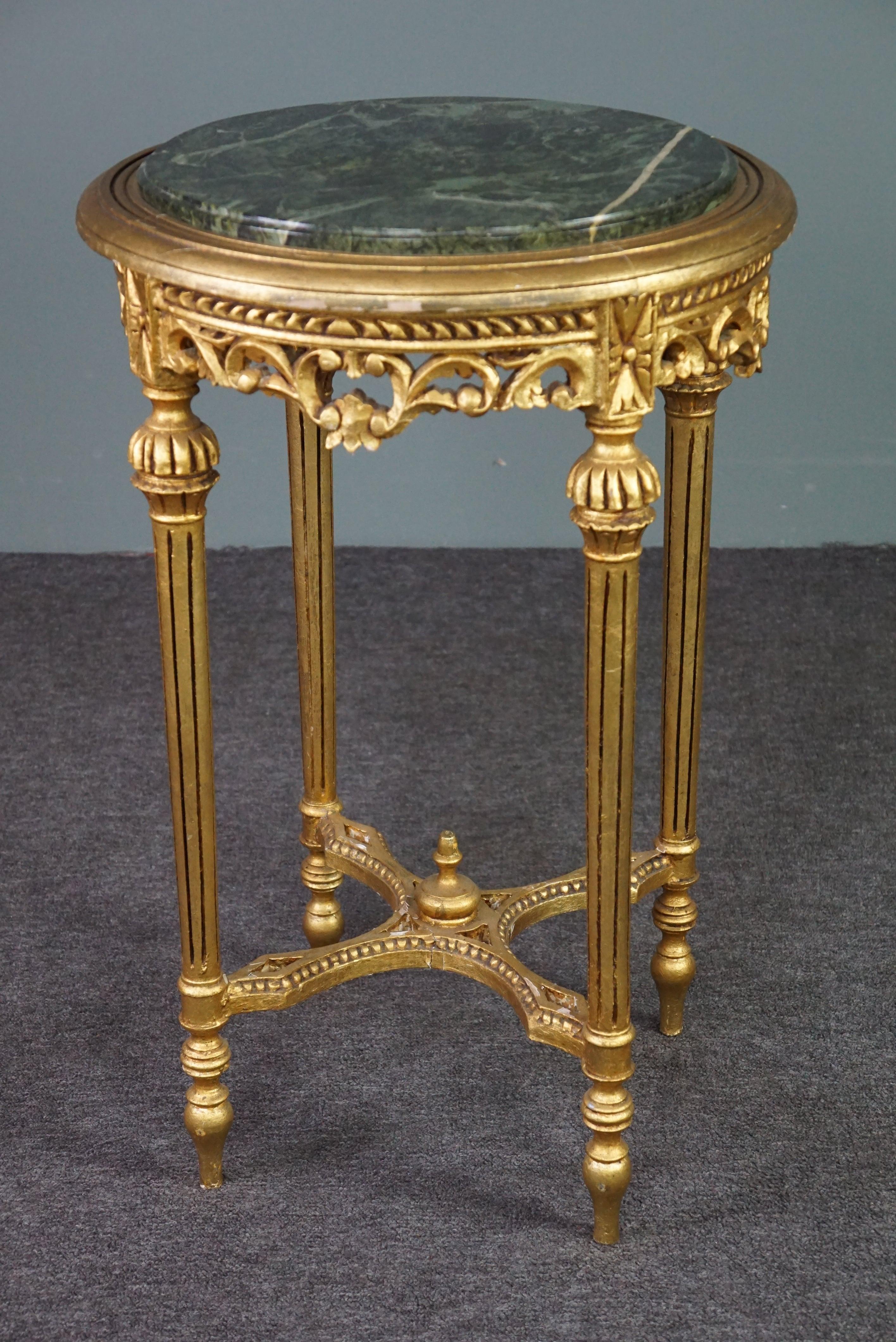 Hand-Carved beautiful antique pedestal / plant stand with Italian marble and gold-plated woo For Sale