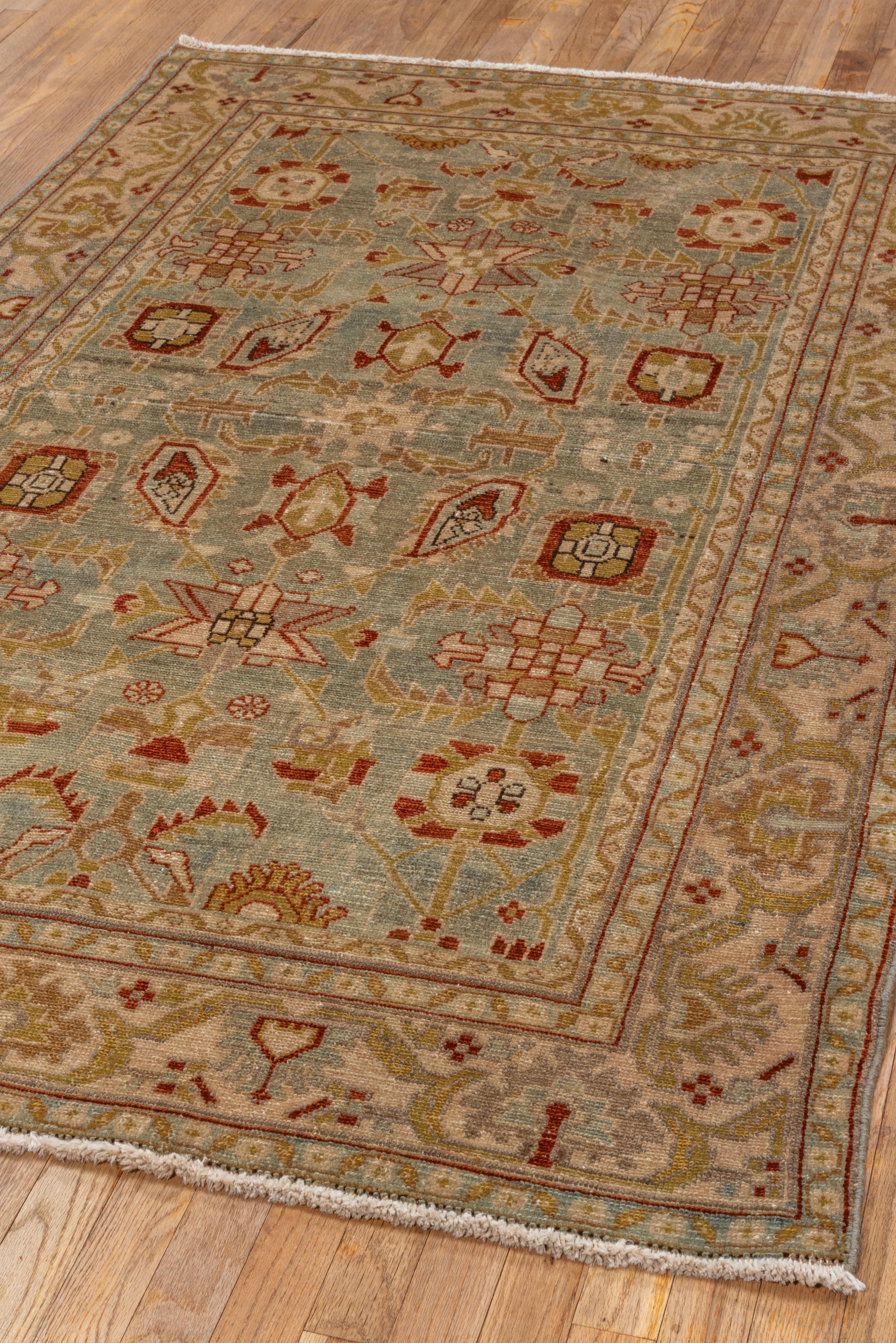 Hand-Knotted Beautiful Antique Persian Malayer Scatter Rug, Tiffany Blue Field, Rust Accents For Sale