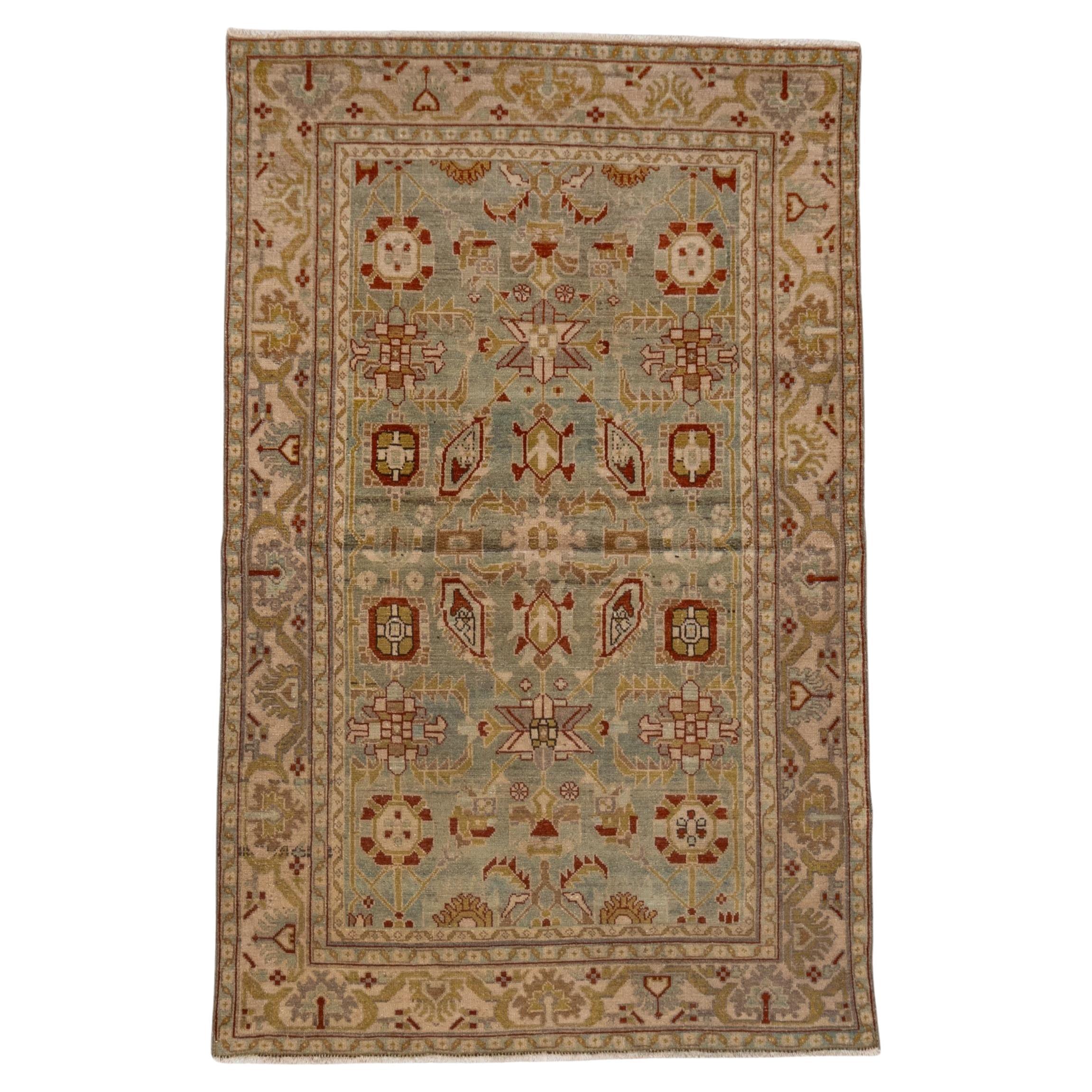 Beautiful Antique Persian Malayer Scatter Rug, Tiffany Blue Field, Rust Accents For Sale