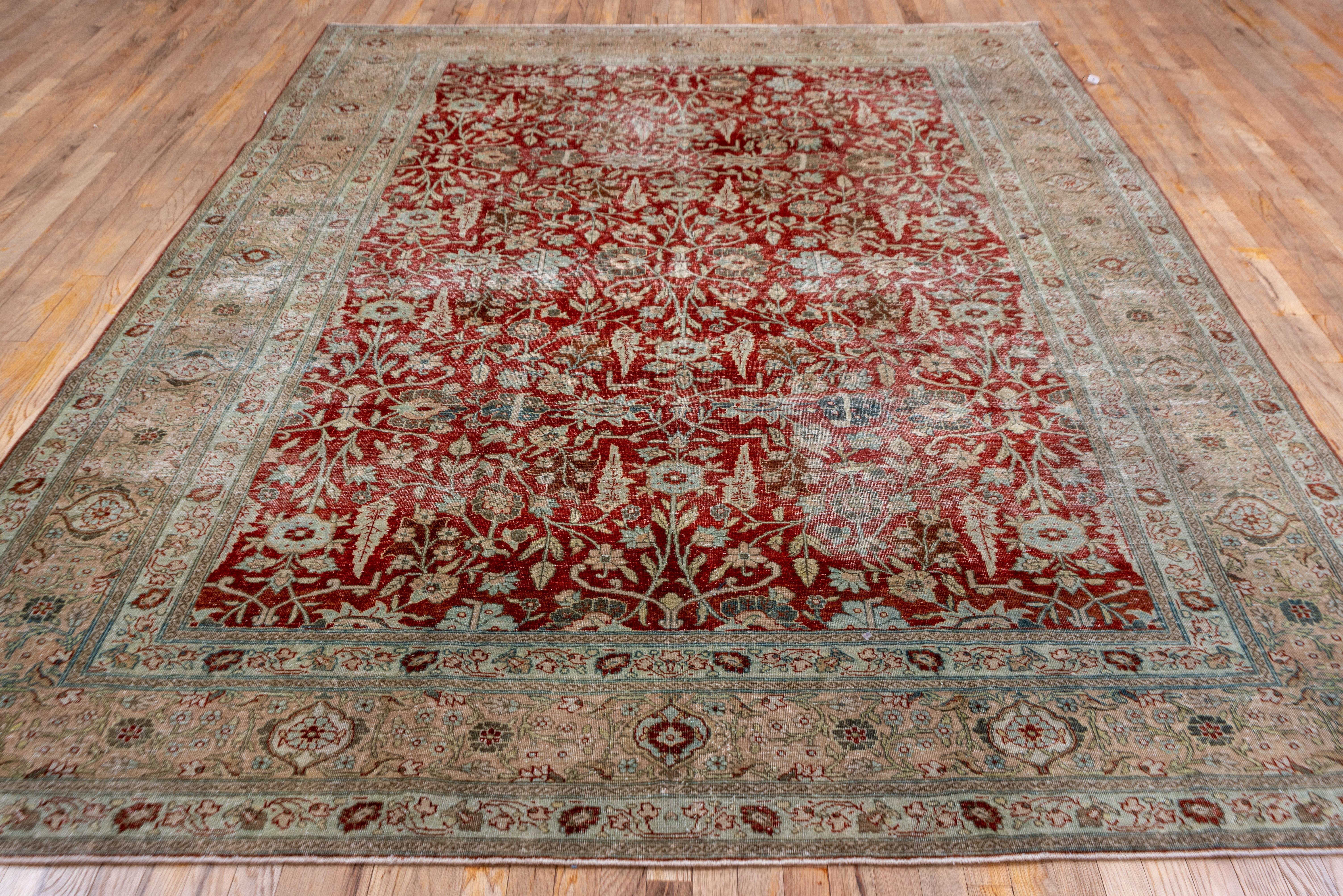 Beautiful Antique Persian Tabriz Rug, Ruby Red Floral Field, Soft Toned Borders In Good Condition For Sale In New York, NY
