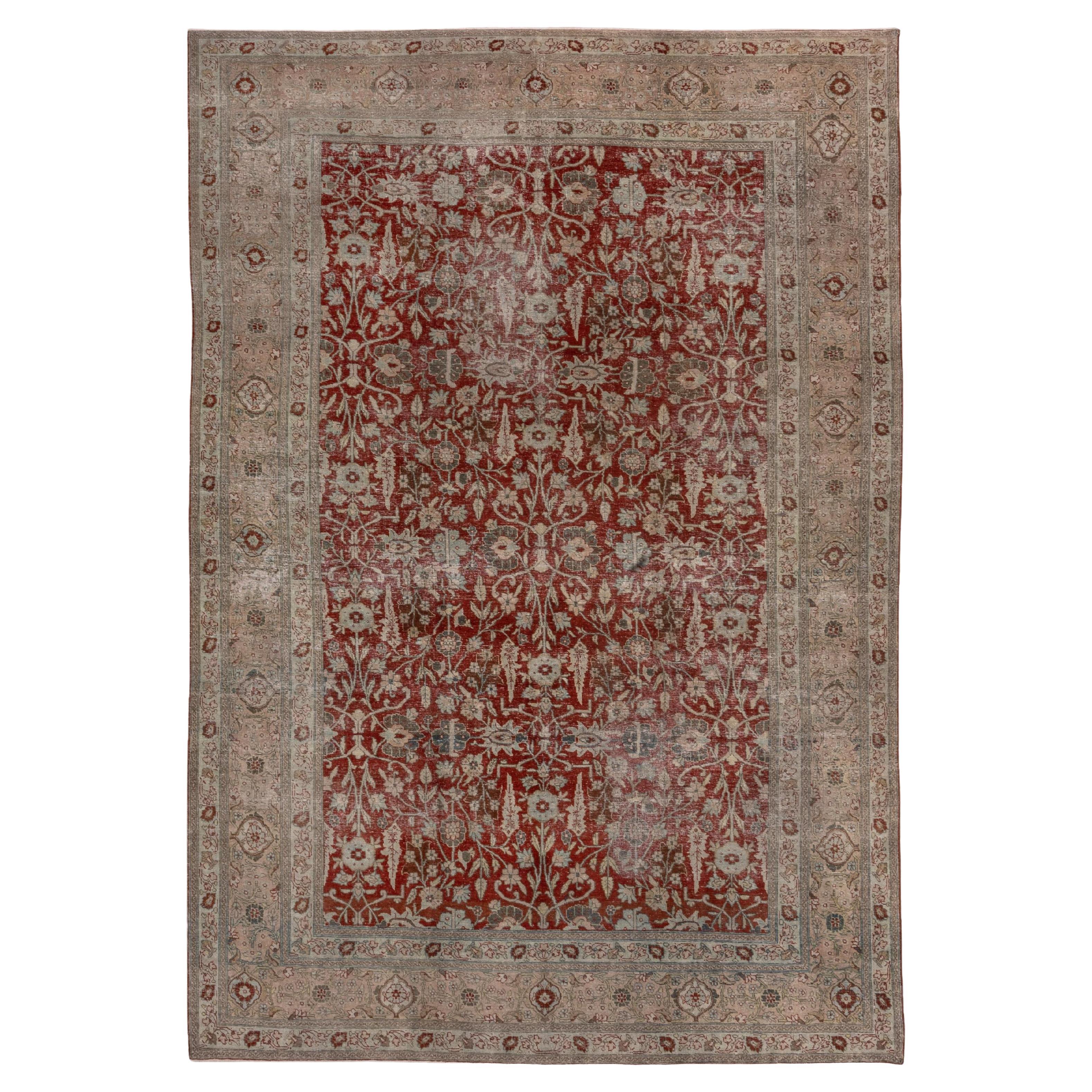 Beautiful Antique Persian Tabriz Rug, Ruby Red Floral Field, Soft Toned Borders