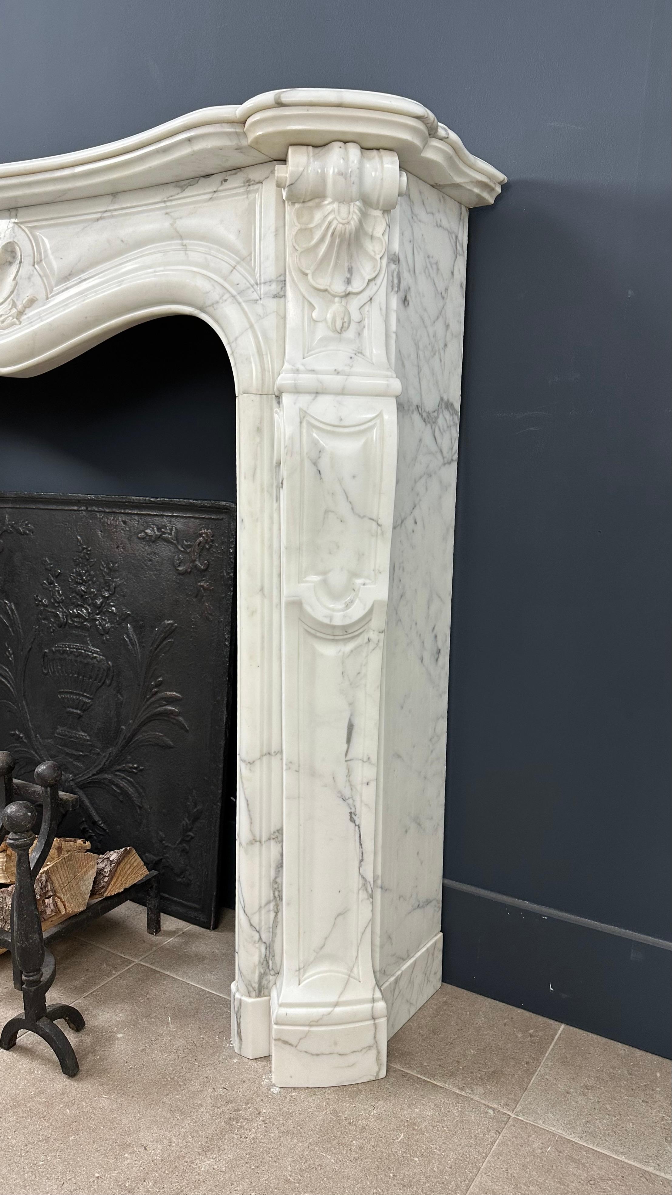 French Beautiful Antique Rococo Front Fireplace White Marble For Sale