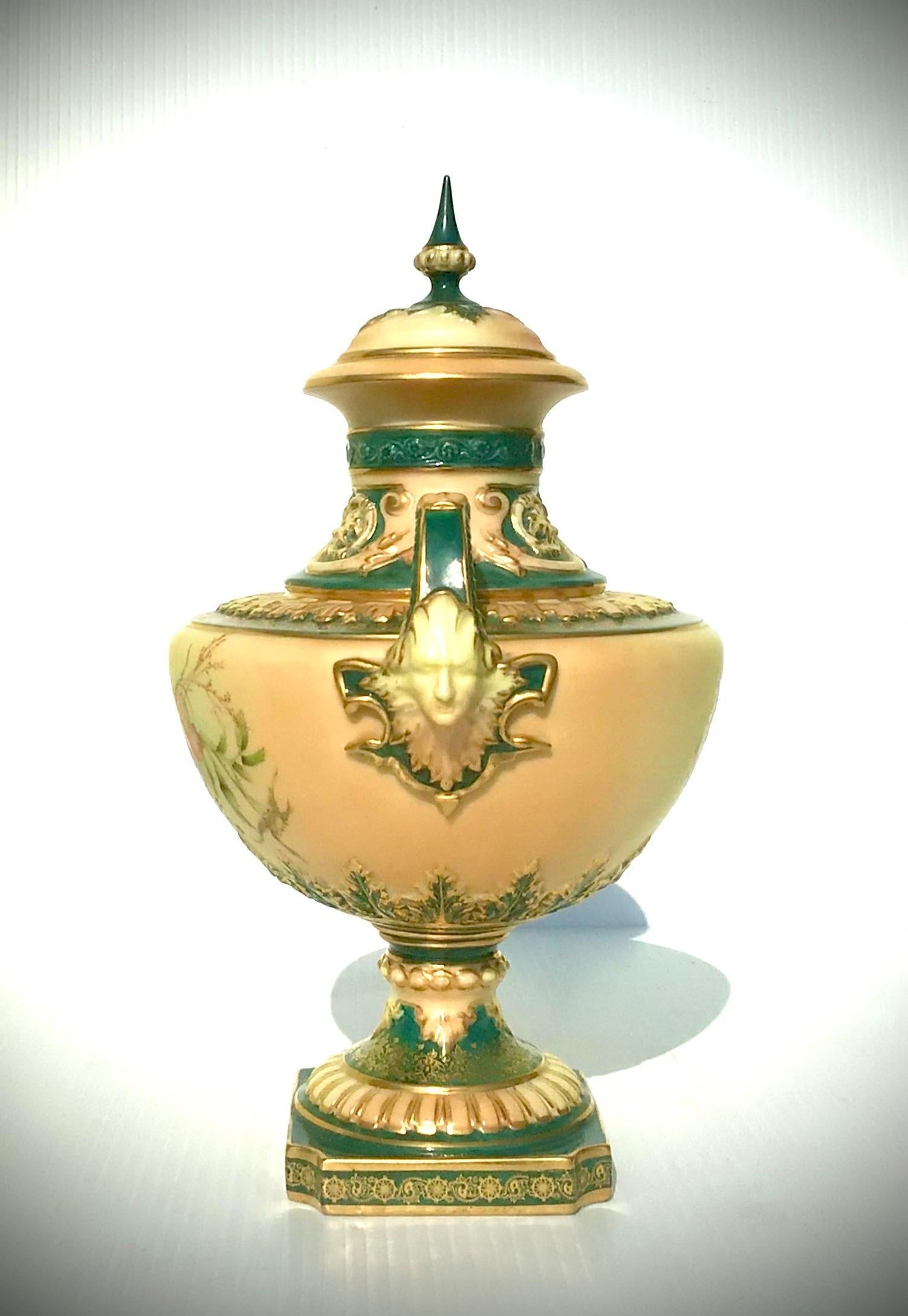 Late 19th Century Beautiful Antique Royal Worcester Blush Ivory and Green Covered Vase
