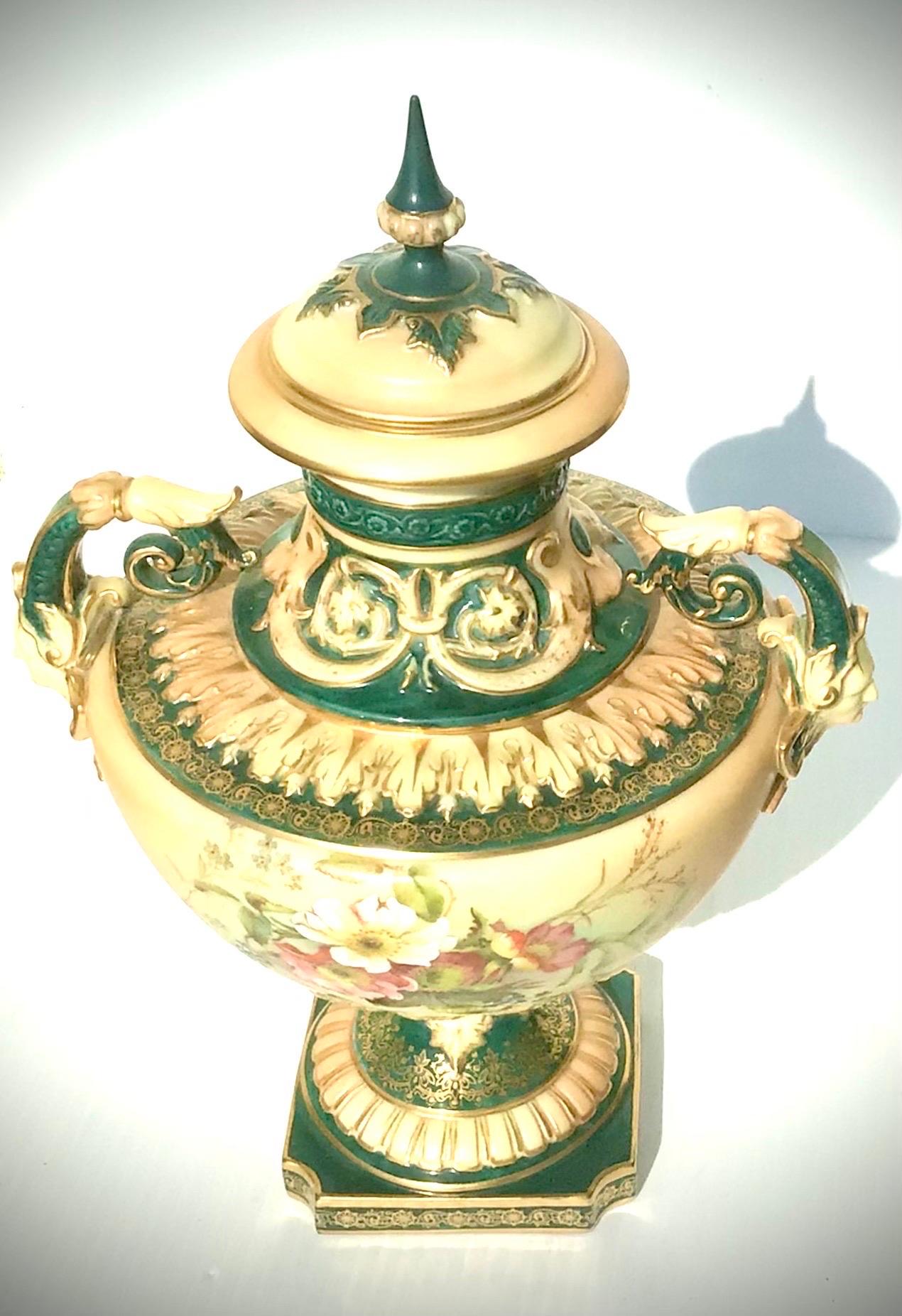 Porcelain Beautiful Antique Royal Worcester Blush Ivory and Green Covered Vase