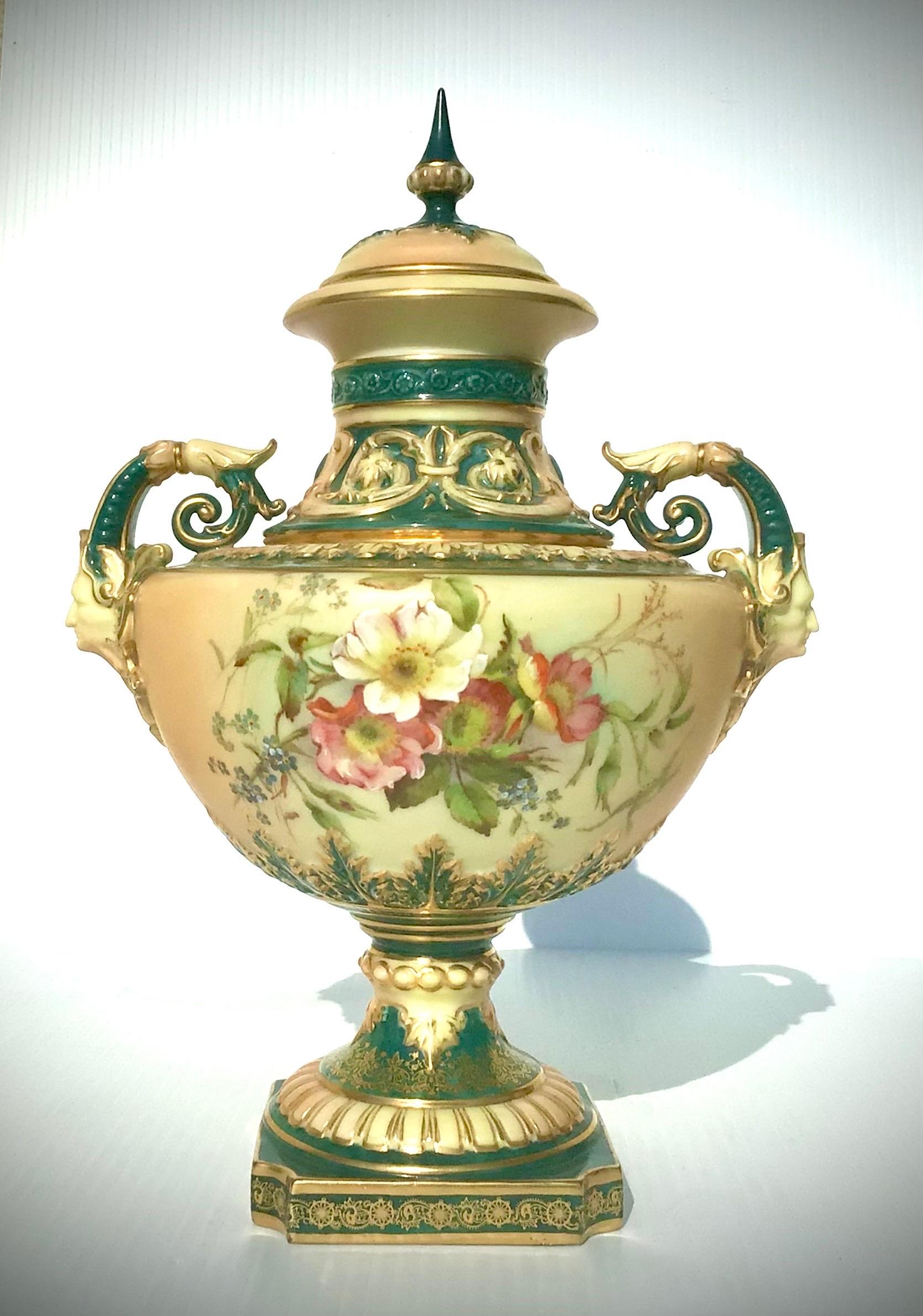 Beautiful Antique Royal Worcester Blush Ivory and Green Covered Vase 1