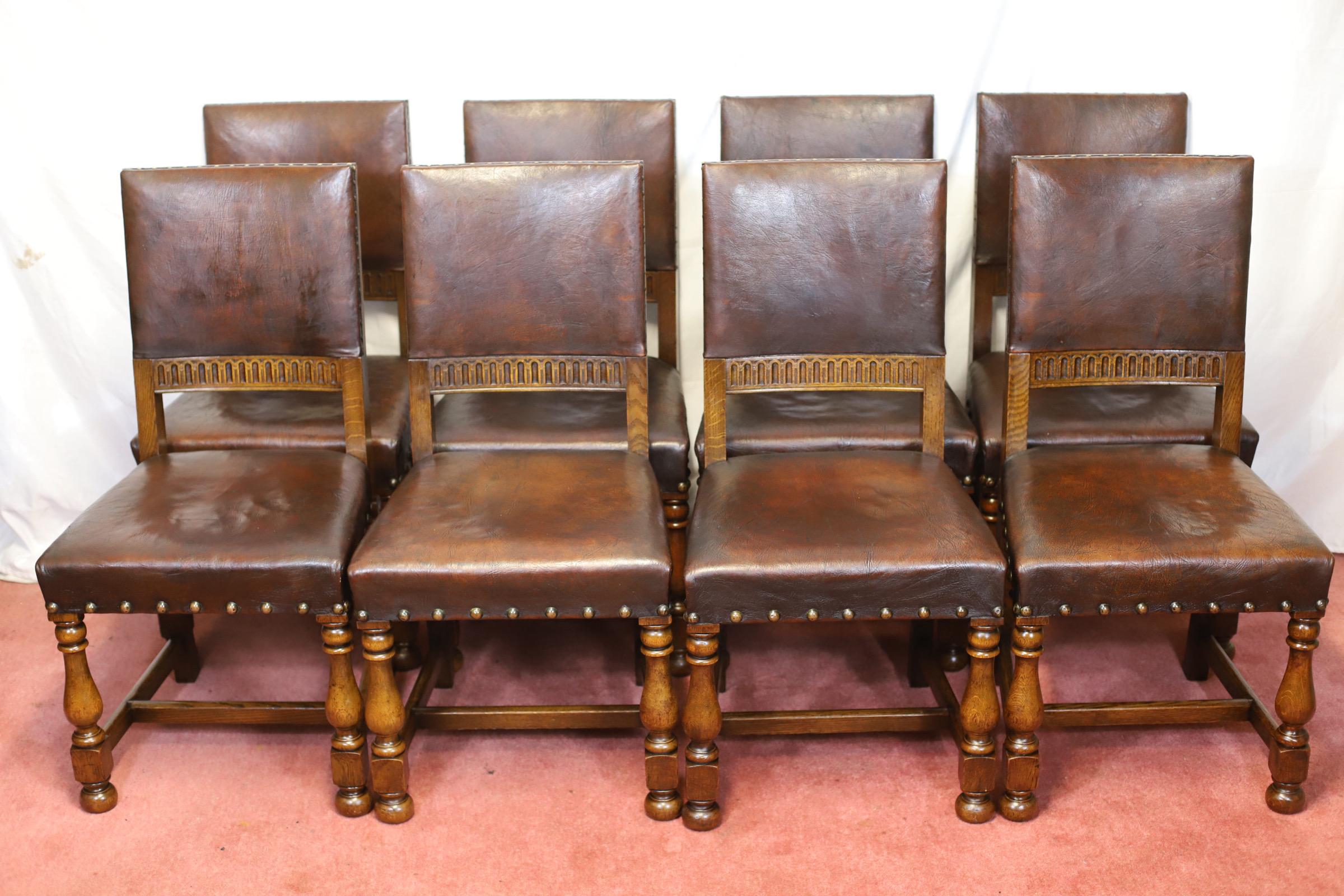 We delight to offer for sale this superb set of ten antique Victorian dining chairs , dating around 1890 . Constructed from solid oak and they are upholstered in brown quality tan leather in very good condition.
Carvers :
H 99 cm , D 61 cm , W 64 cm