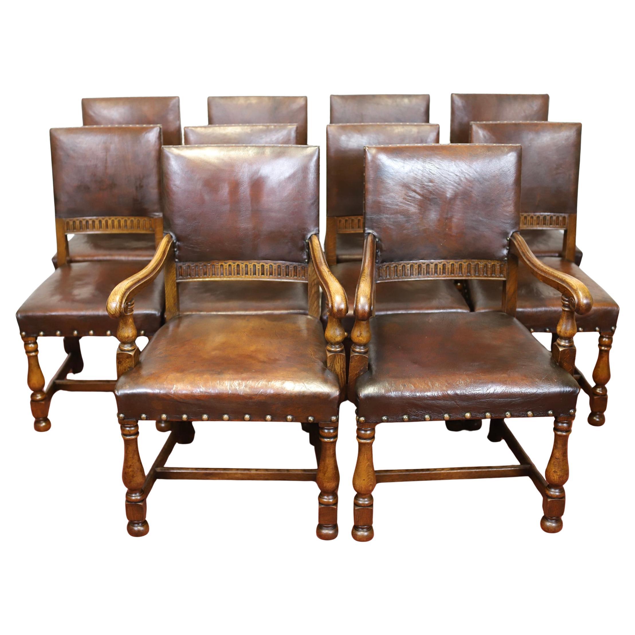 Beautiful Antique Set Of Ten Victorian Oak & Leather Dining Chairs For Sale