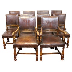 Beautiful Antique Set Of Ten Victorian Oak & Leather Dining Chairs