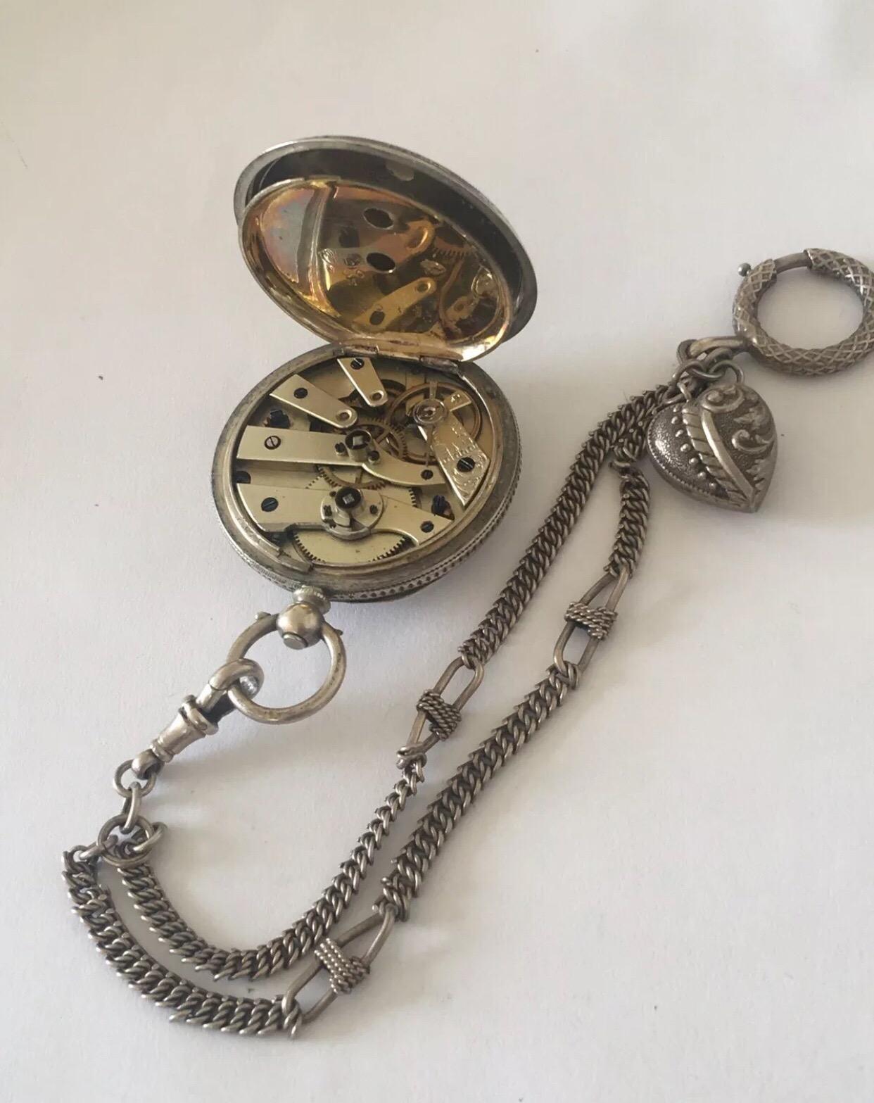Beautiful Antique Silver Fob Watch with Its Own Pocket Watch Chain 1