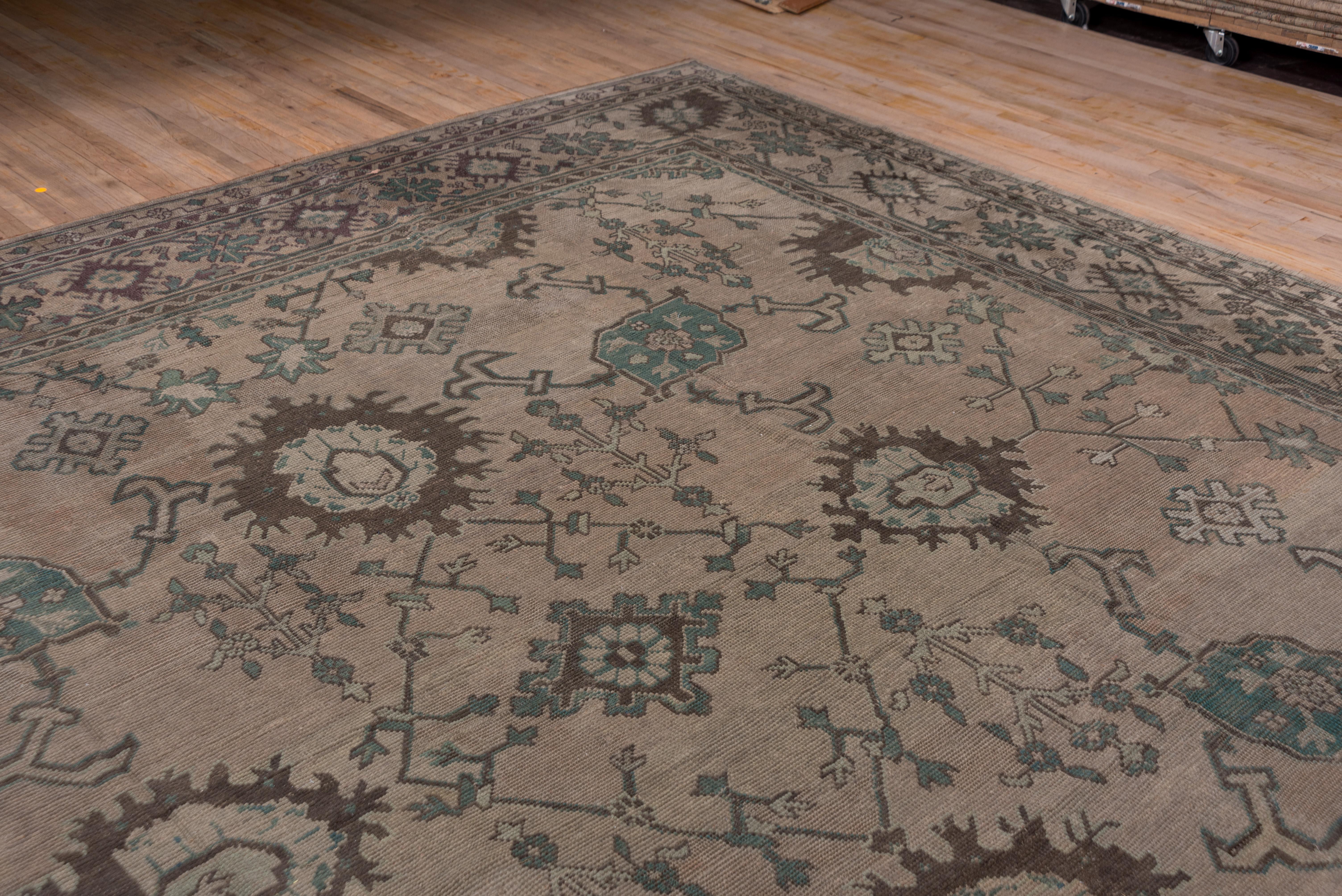 Turkish Beautiful Antique Square Oushak Carpet, Brown Allover Field & Green Accents For Sale