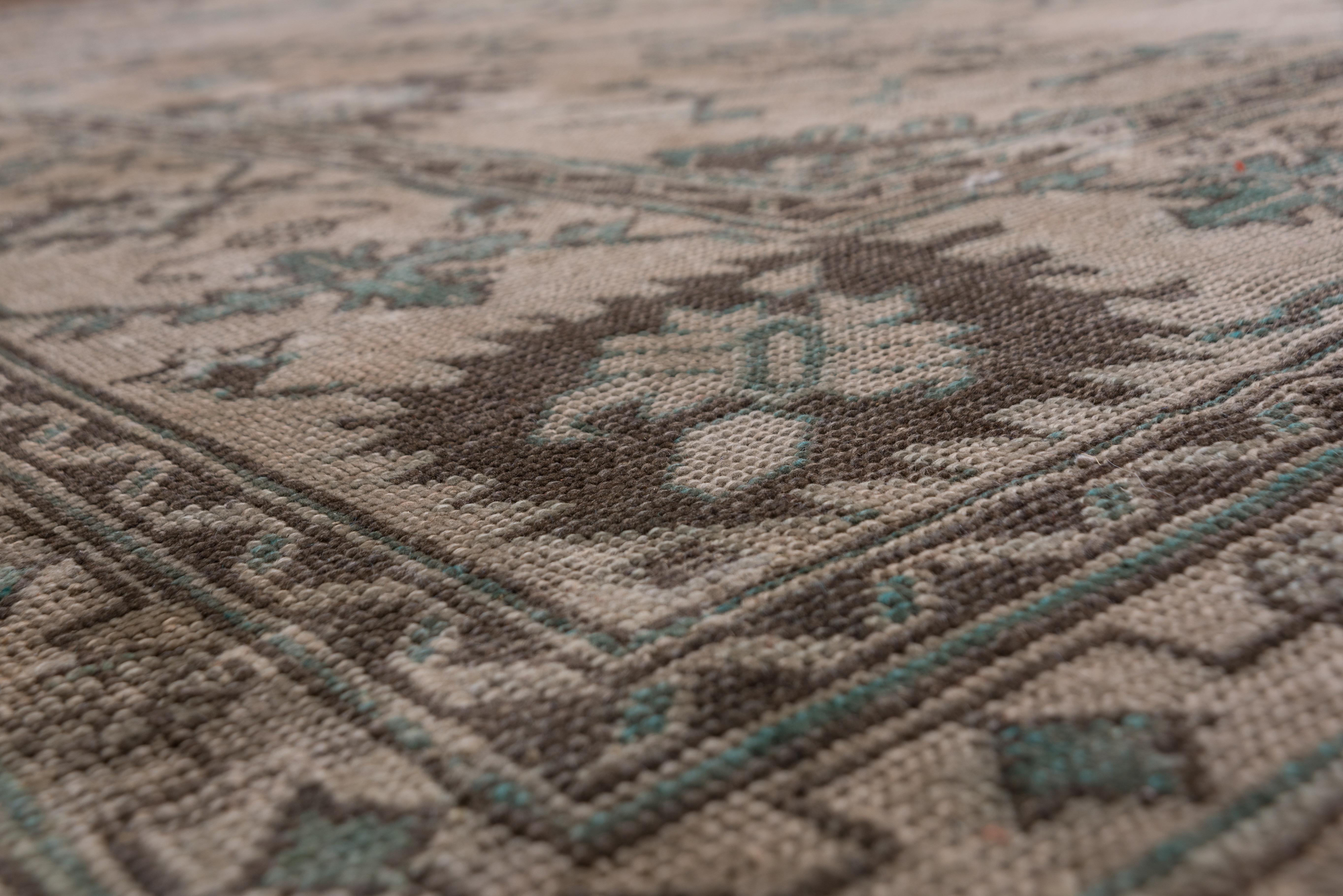 Beautiful Antique Square Oushak Carpet, Brown Allover Field & Green Accents In Good Condition For Sale In New York, NY