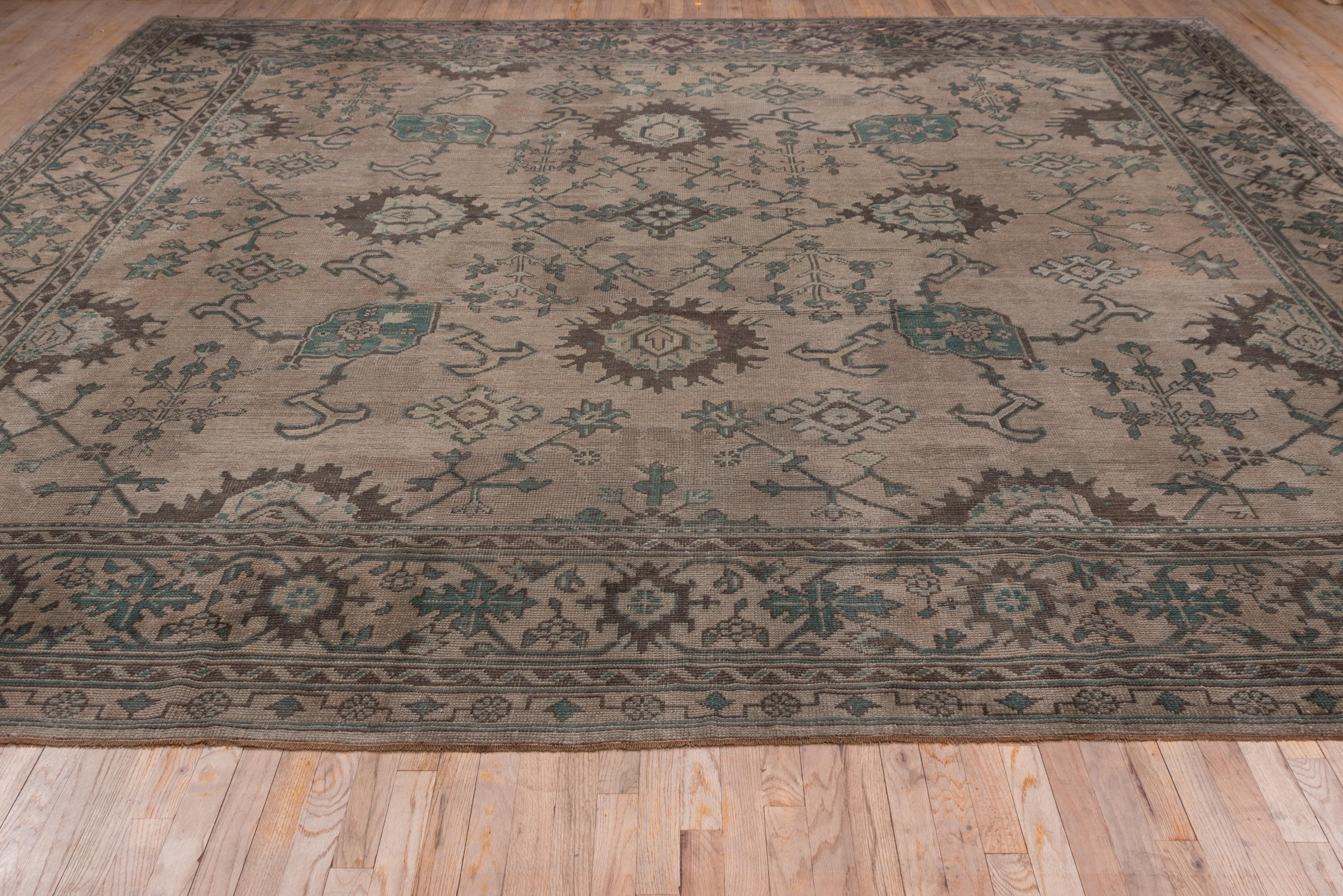 Early 20th Century Beautiful Antique Square Oushak Carpet, Brown Allover Field & Green Accents For Sale