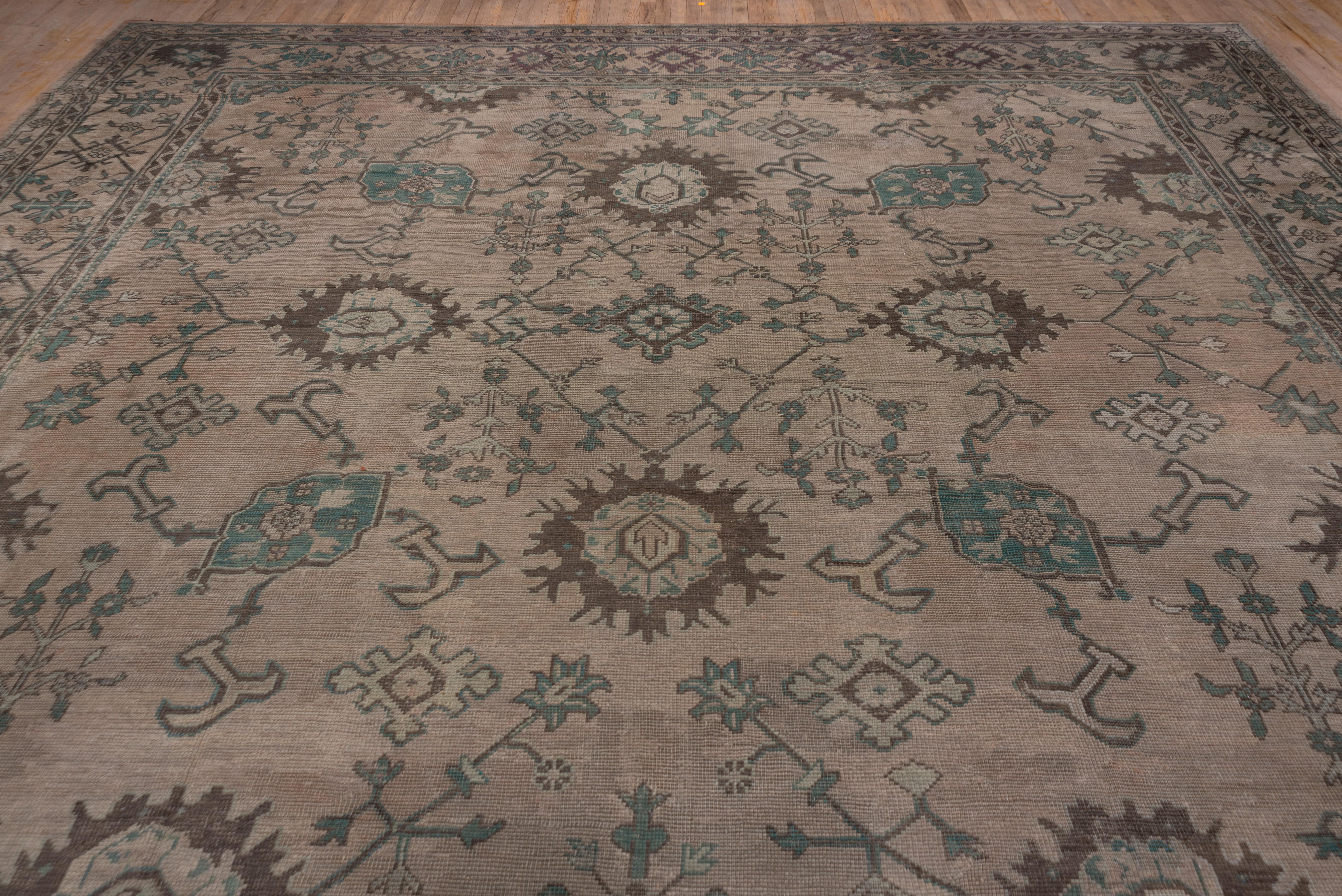 Wool Beautiful Antique Square Oushak Carpet, Brown Allover Field & Green Accents For Sale