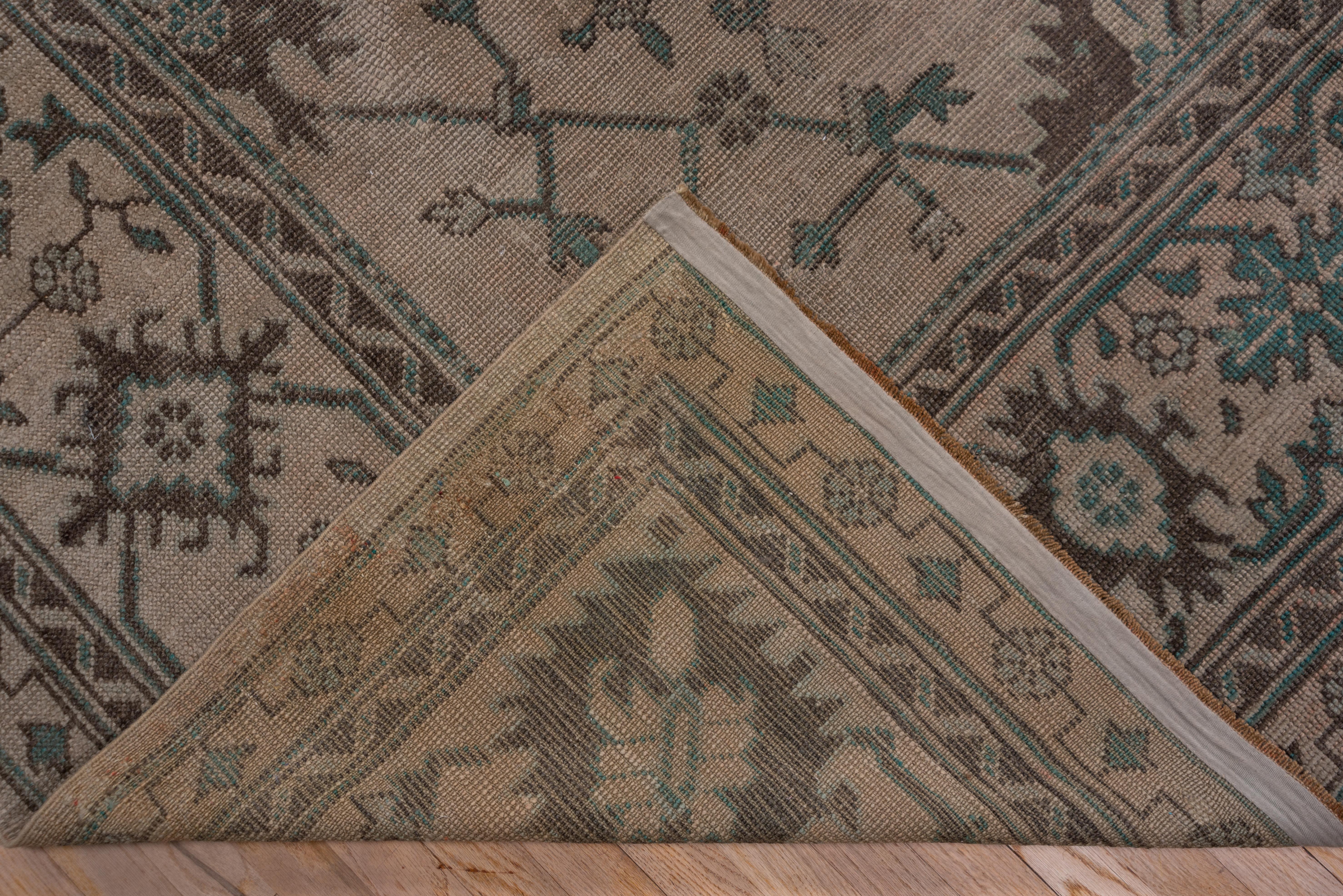 Beautiful Antique Square Oushak Carpet, Brown Allover Field & Green Accents For Sale 2