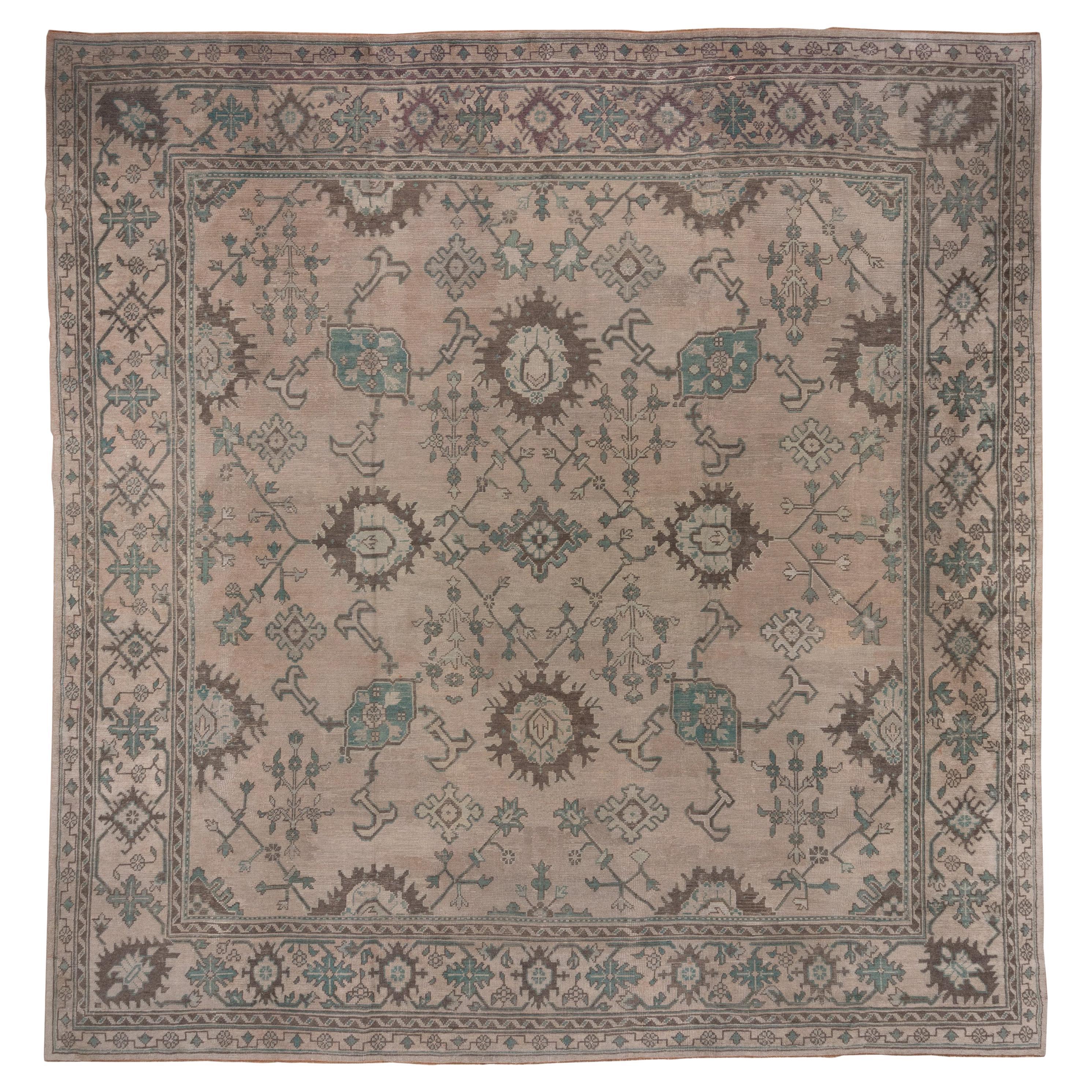 Beautiful Antique Square Oushak Carpet, Brown Allover Field & Green Accents For Sale