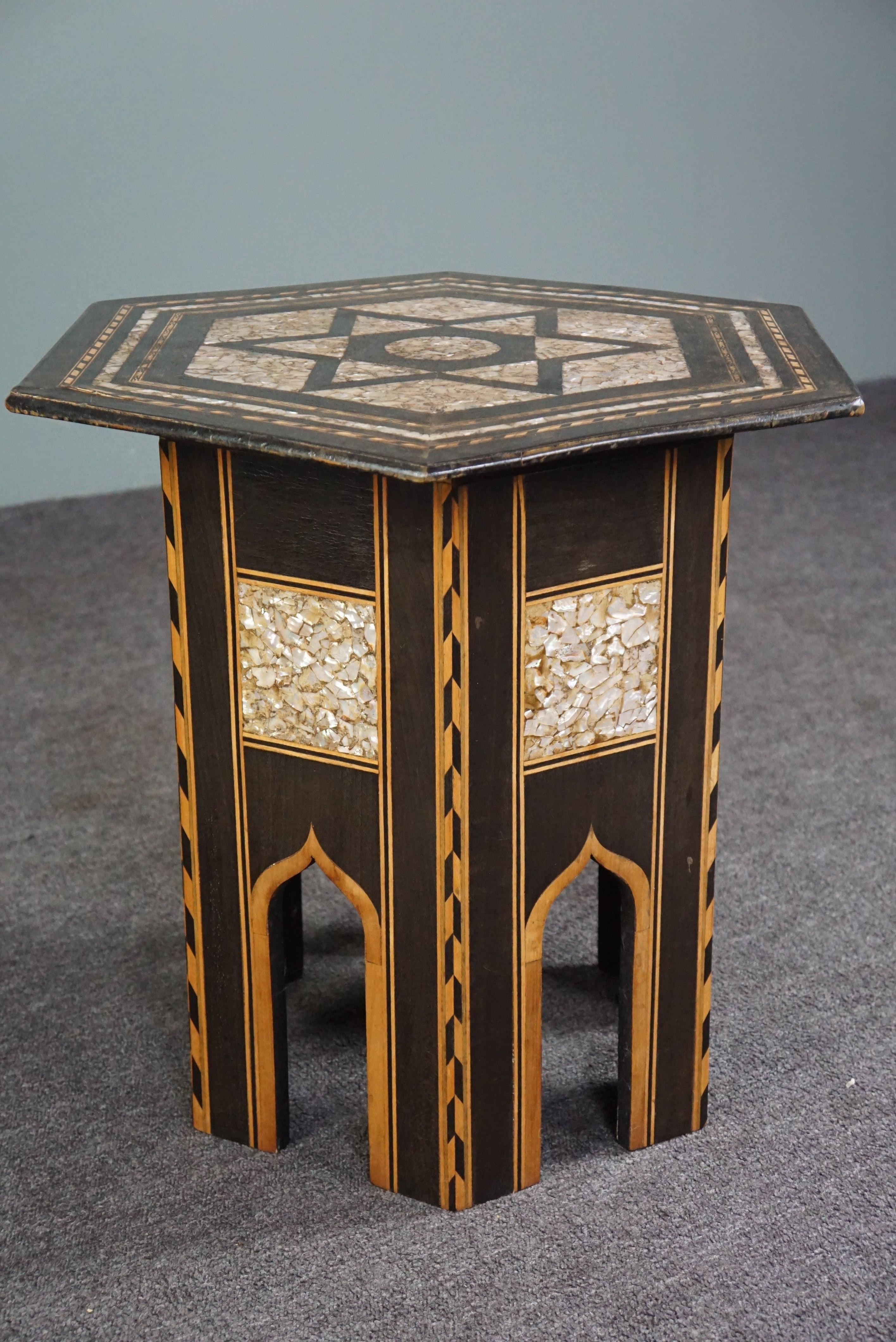 Asian Beautiful antique unique oriental mosaic, mother of pearl side table For Sale