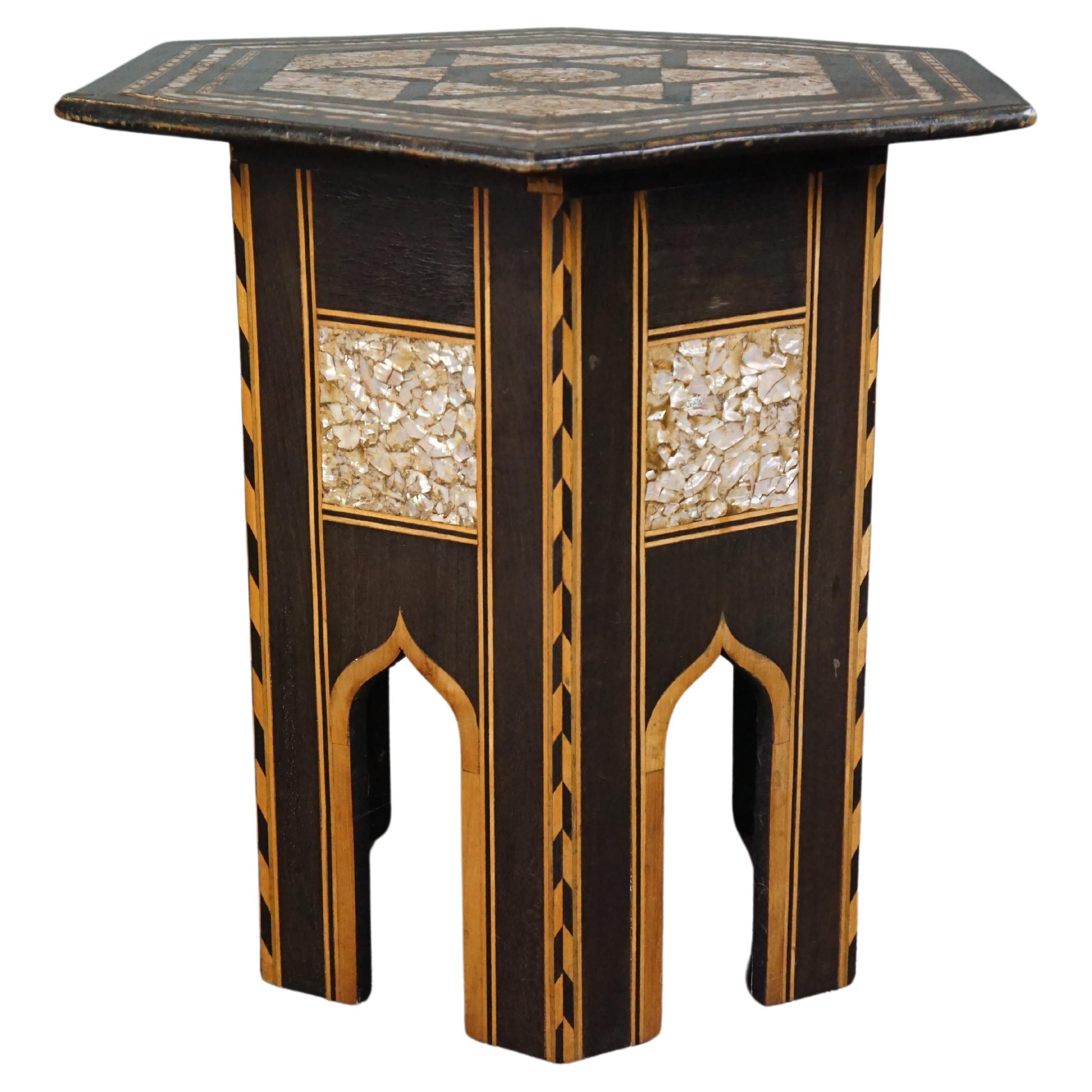 Beautiful antique unique oriental mosaic, mother of pearl side table For Sale