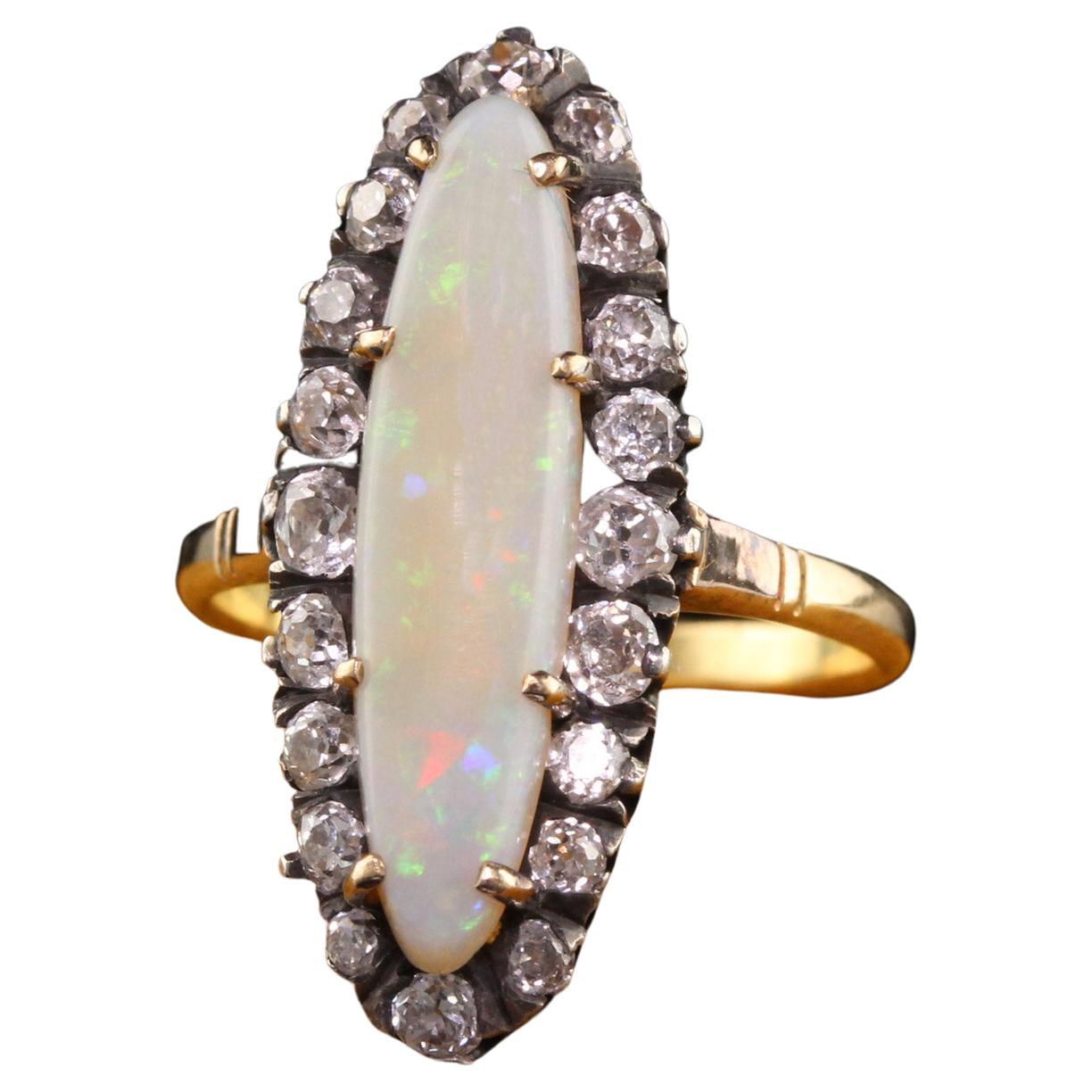 Beautiful Antique Victorian 14K Yellow Gold Silver Top Opal and Old Mine Diamond