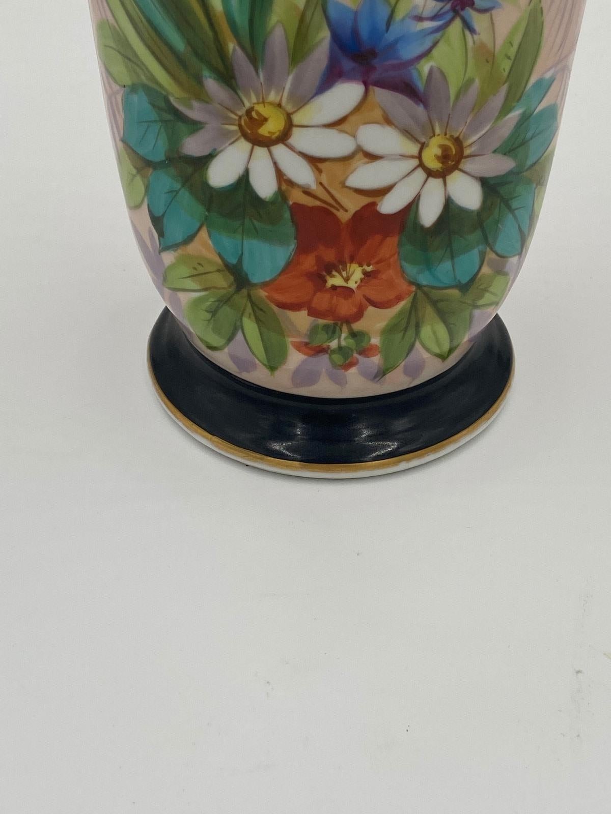 Beautiful Antique Victorian vase with twin handles and hand painted decoration. Beautiful hand flower decoration to the front and back with lovely colours. Nice pale pink background colour with contrasting dark colours hand painted to the top and