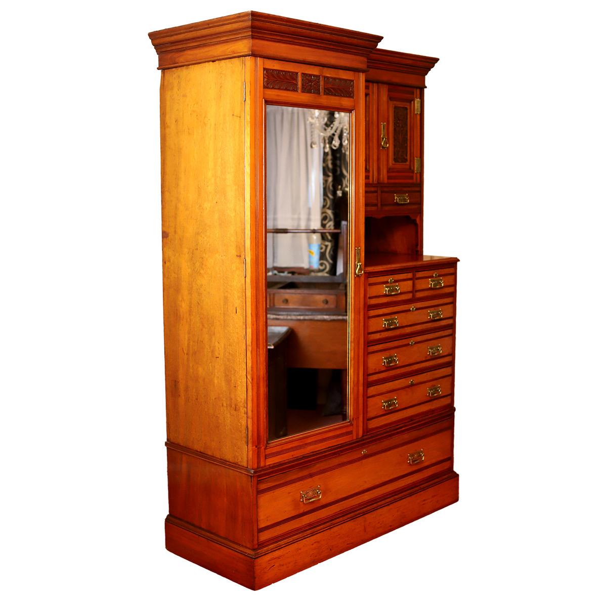 Carved Beautiful Antique Victorian Walnut and Brass Wardrobe For Sale
