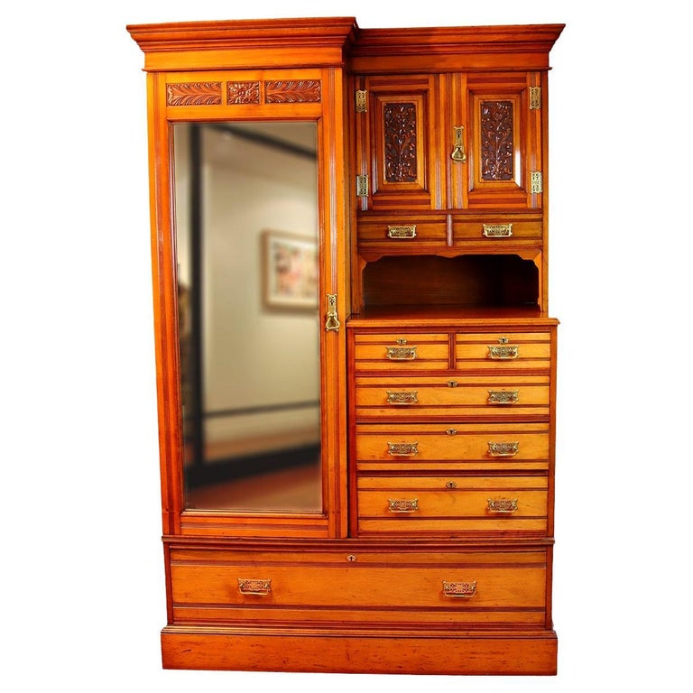 Beautiful Antique Victorian Walnut and Brass Wardrobe For Sale at 1stDibs