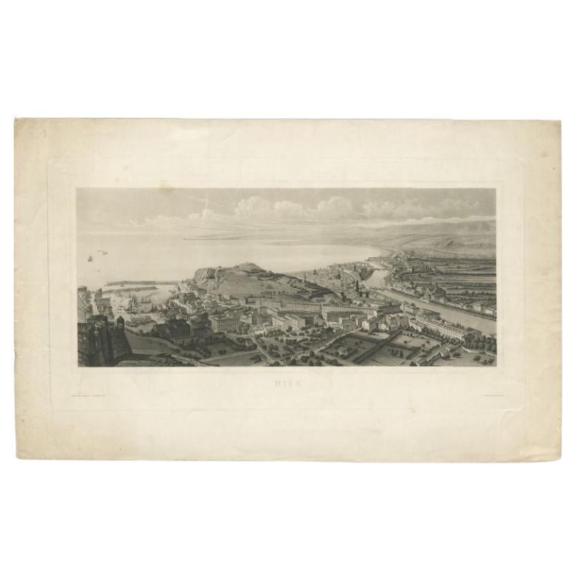 Antique print titled 'Nice'. Original antique print with a view of Nice, France.

Artists and Engravers: Engraved by G. Morandotti after G. Regazzoni.

Condition: Fair/good, general age-related toning. Shows overall creasing, small defects in