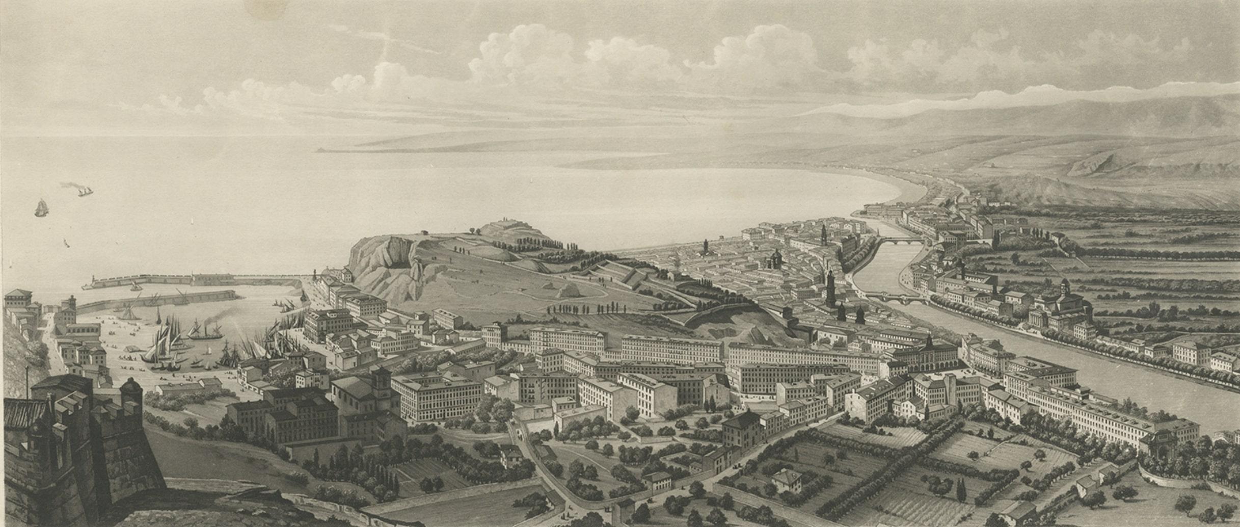 Papier Belle vue ancienne de Nice dans le sud de la France, vers 1835 en vente