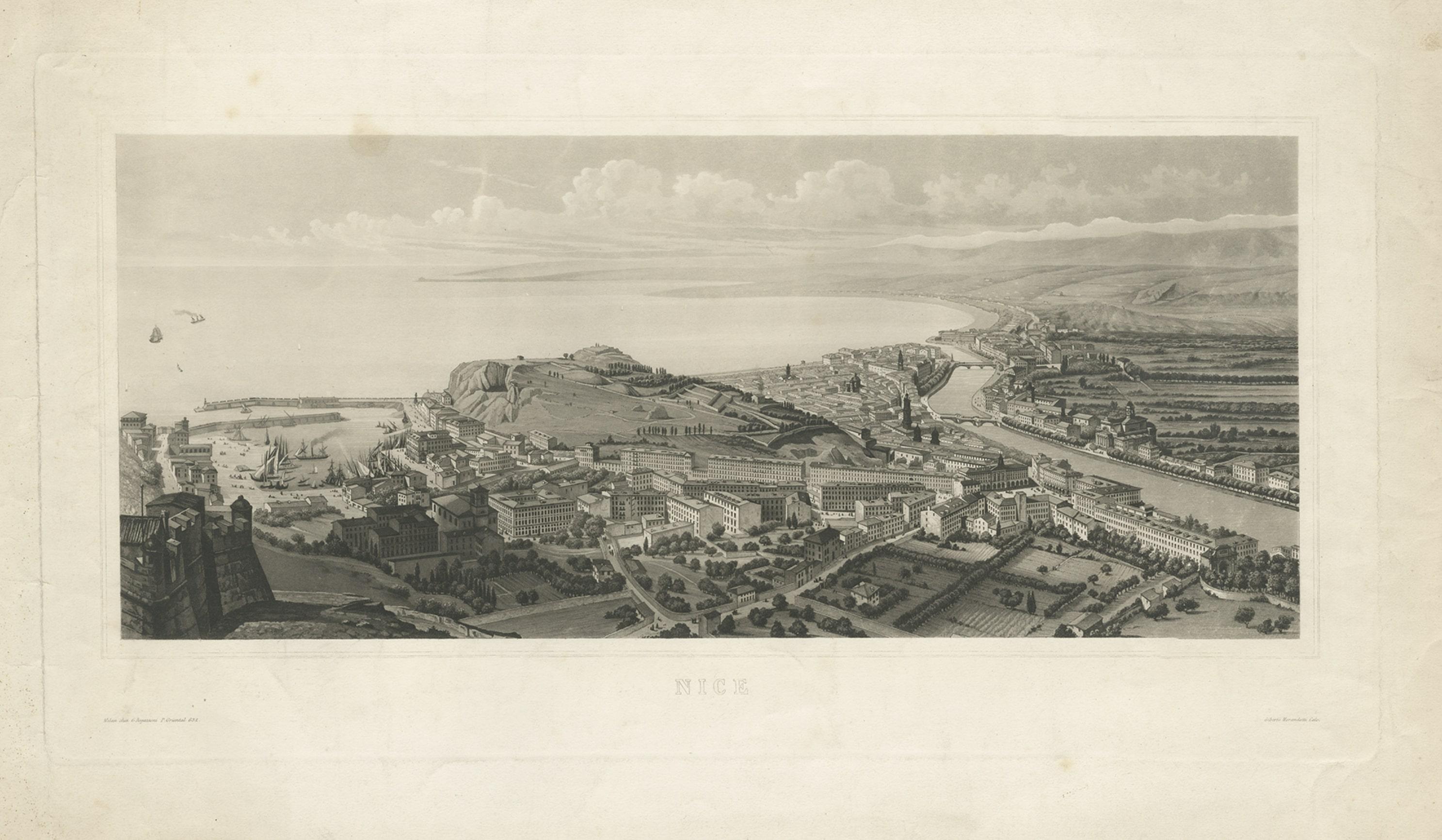 Beautiful Antique View of Nice in Southern France, c.1835 For Sale 1