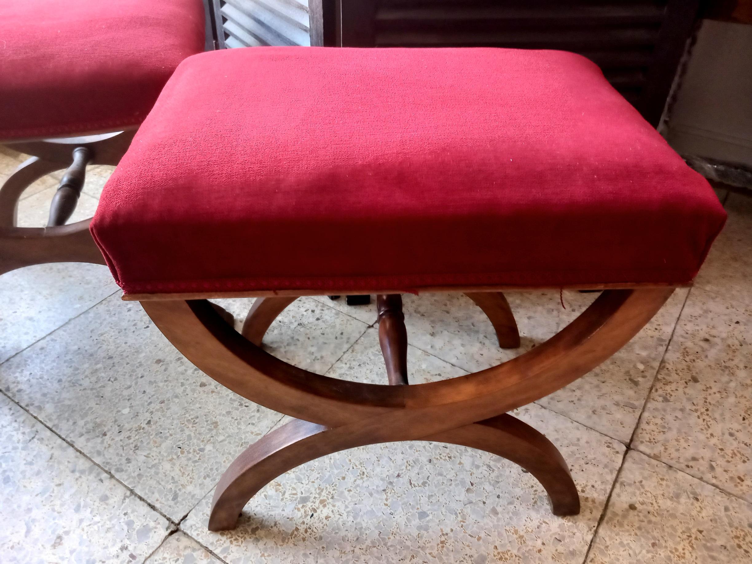Stools Beautiful Walnut and Maroon Velvet Ottomans and Poufs For Sale 5