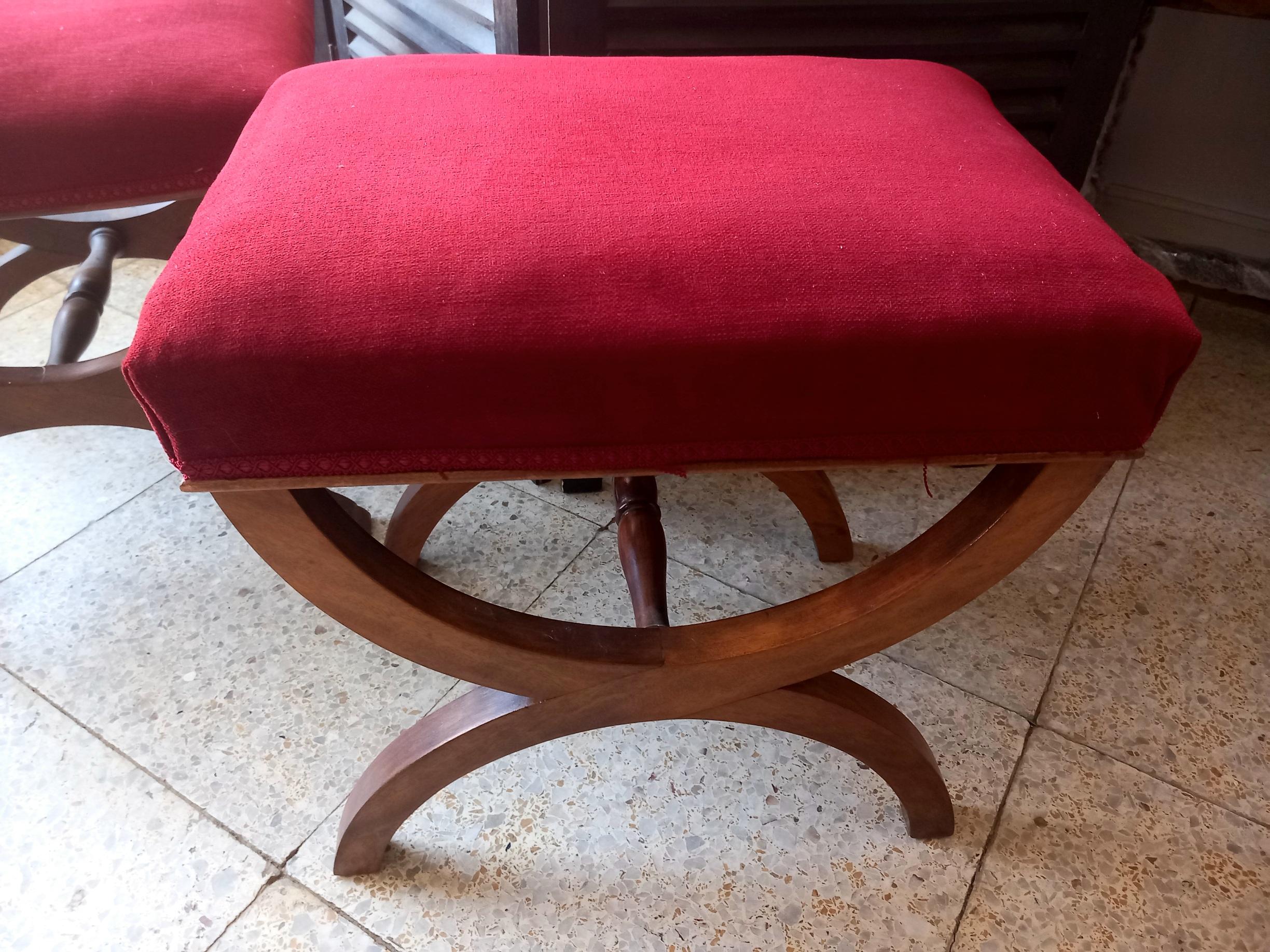 Italian Stools Beautiful Walnut and Maroon Velvet Ottomans and Poufs For Sale